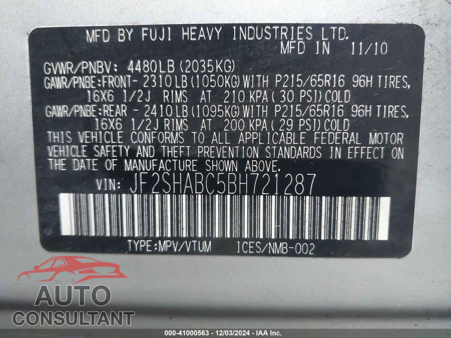 SUBARU FORESTER 2011 - JF2SHABC5BH721287