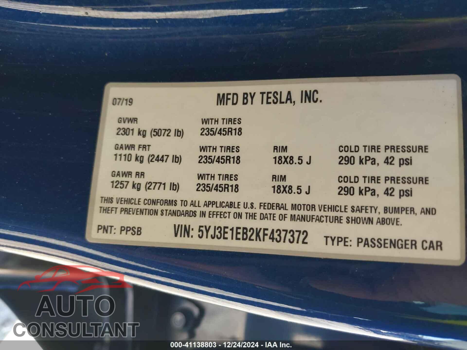 TESLA MODEL 3 2019 - 5YJ3E1EB2KF437372