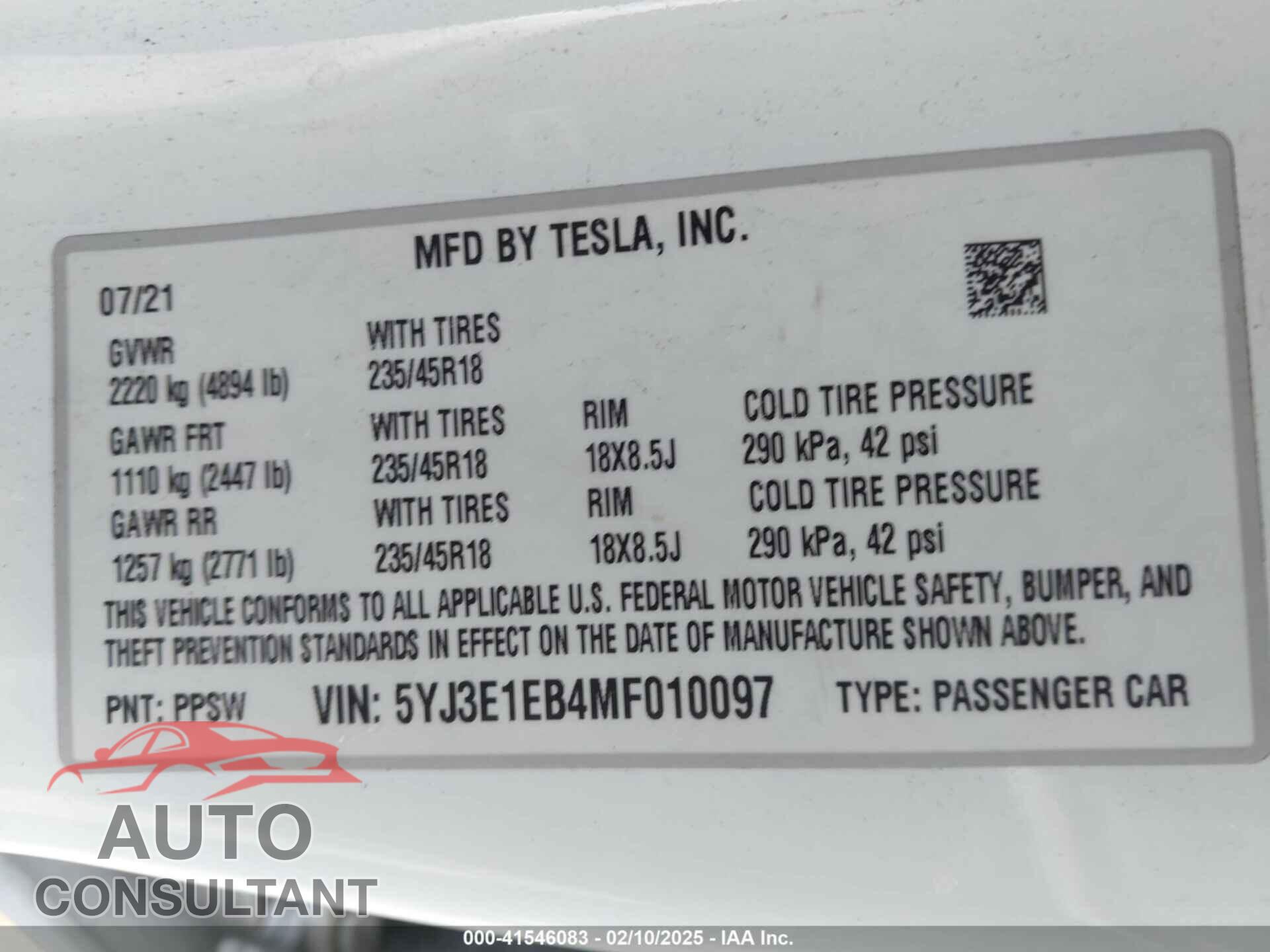 TESLA MODEL 3 2021 - 5YJ3E1EB4MF010097