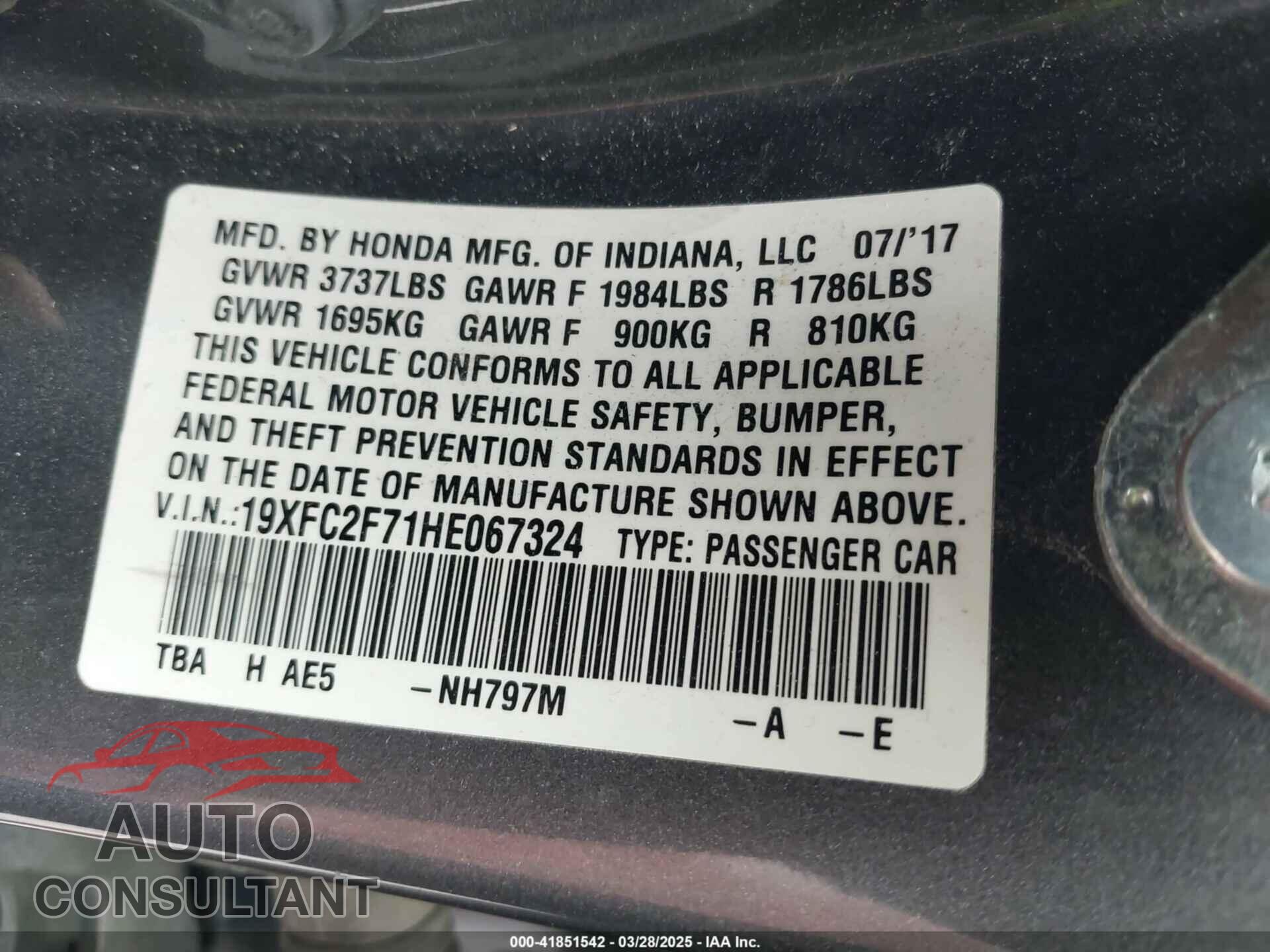 HONDA CIVIC 2017 - 19XFC2F71HE067324