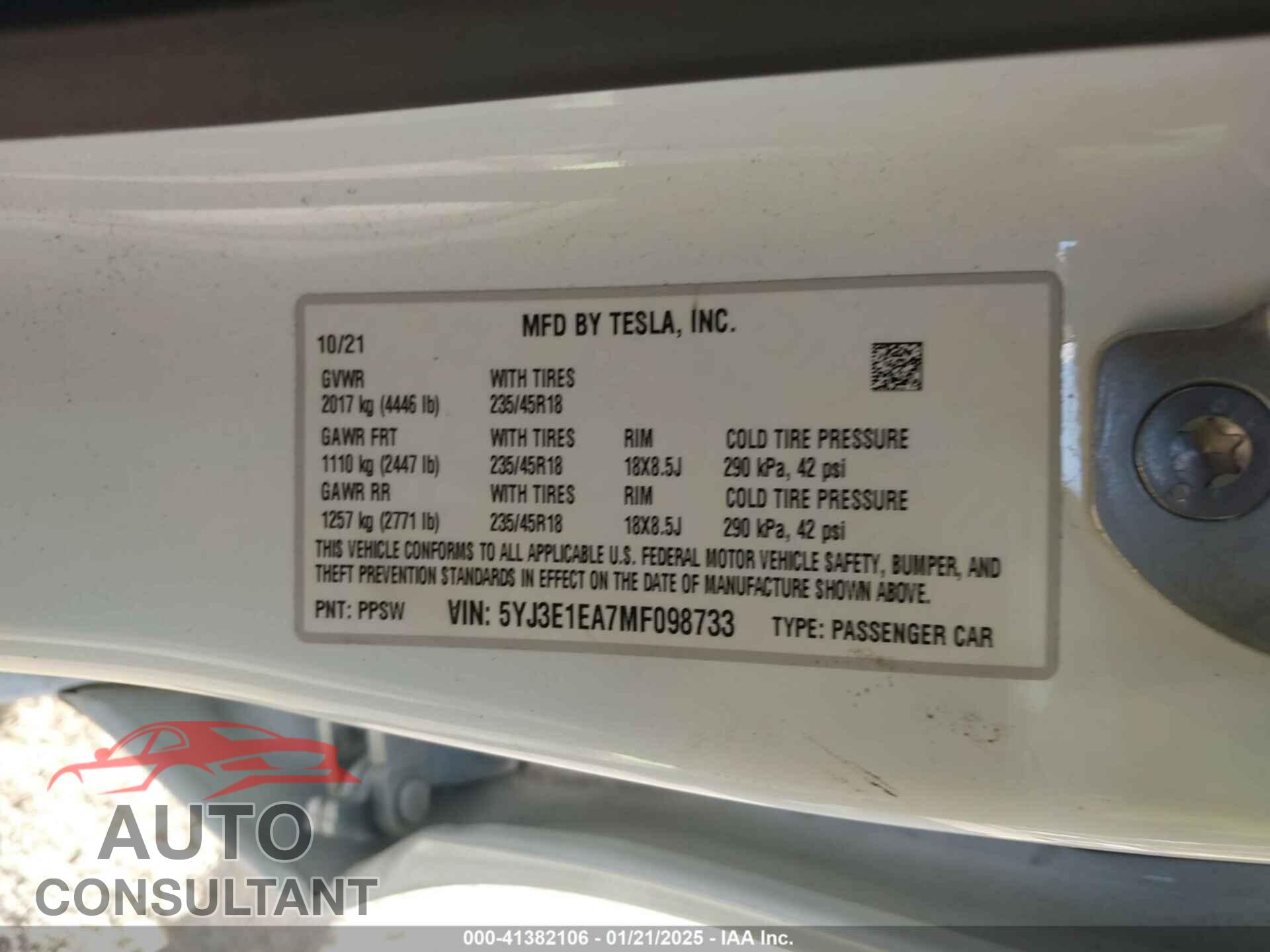 TESLA MODEL 3 2021 - 5YJ3E1EA7MF098733