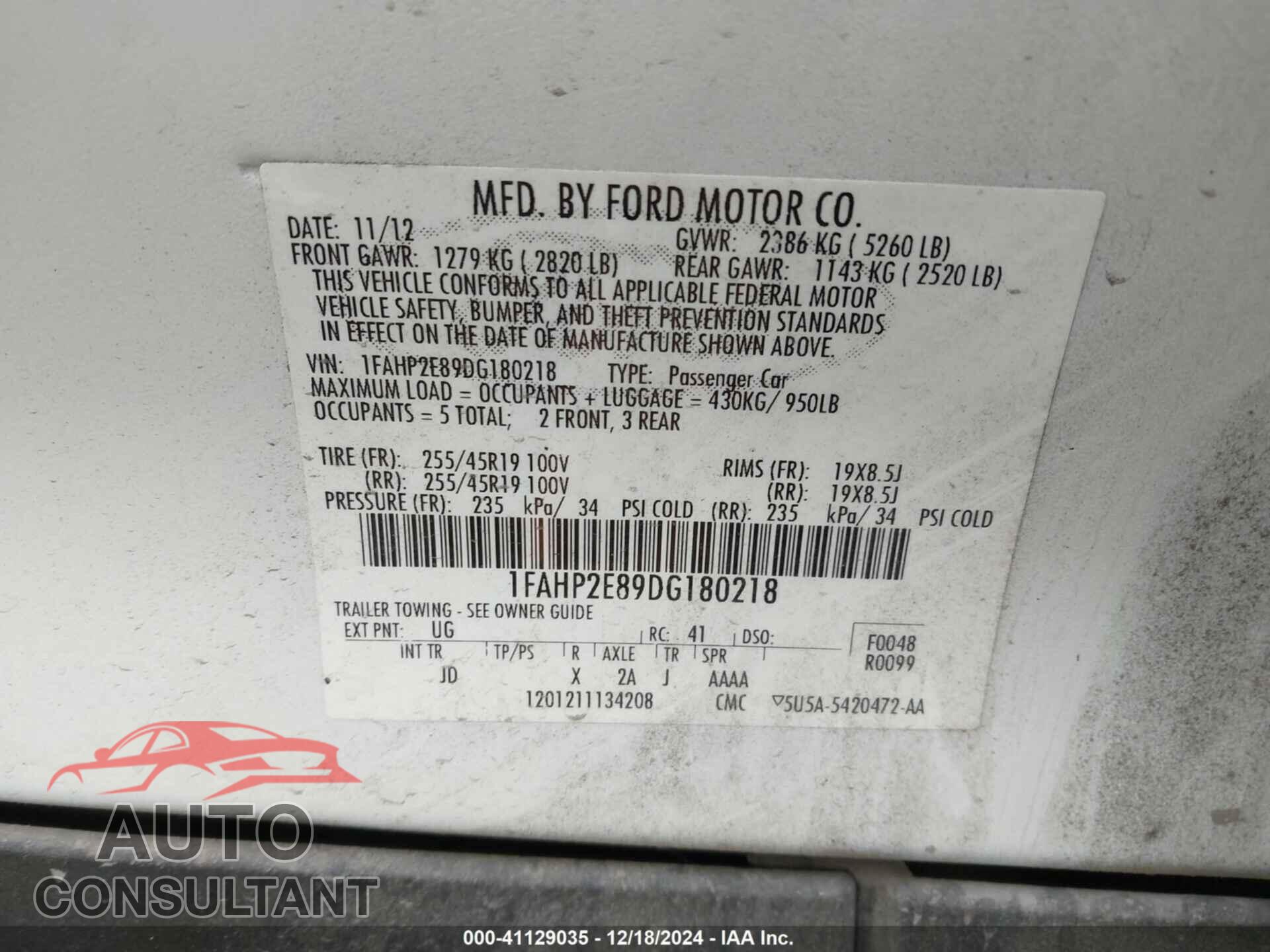 FORD TAURUS 2013 - 1FAHP2E89DG180218