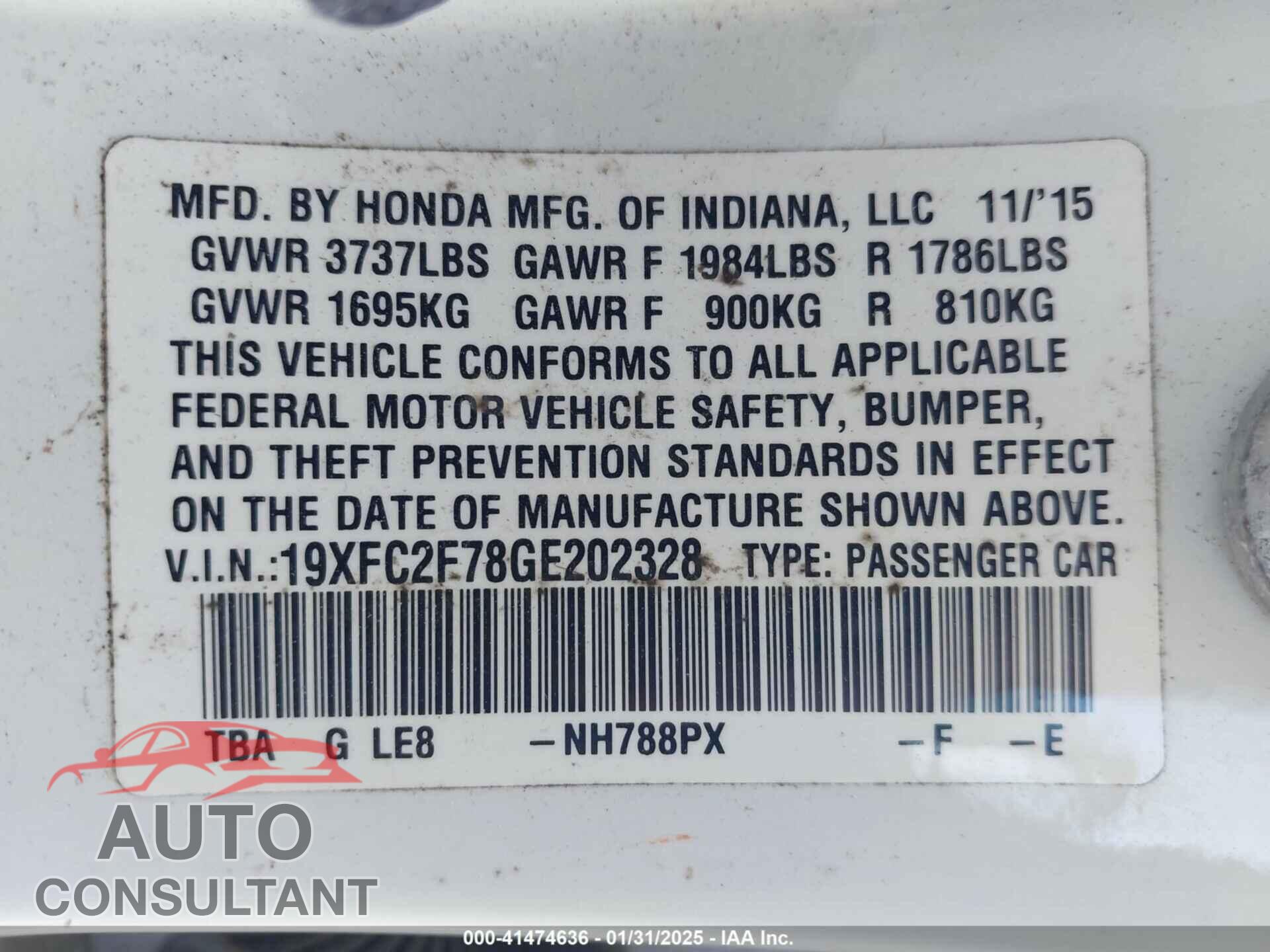 HONDA CIVIC 2016 - 19XFC2F78GE202328