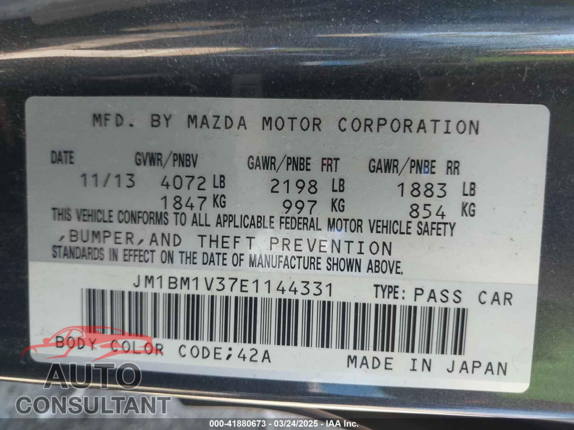 MAZDA MAZDA3 2014 - JM1BM1V37E1144331
