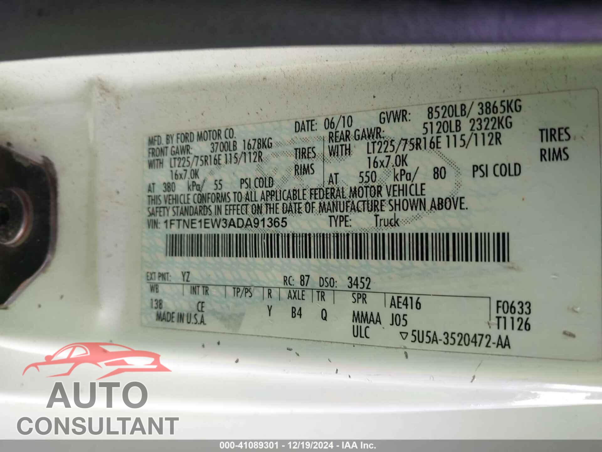 FORD E-150 2010 - 1FTNE1EW3ADA91365
