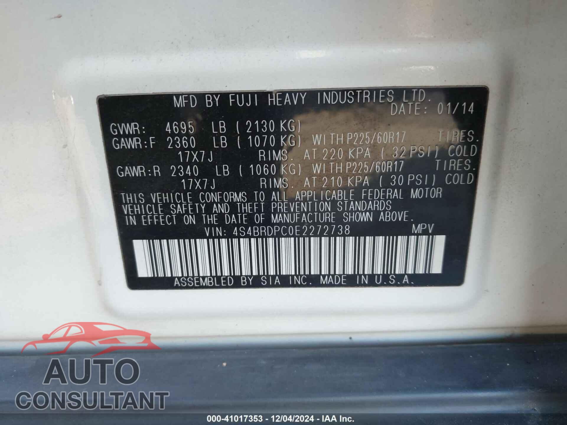 SUBARU OUTBACK 2014 - 4S4BRDPC0E2272738