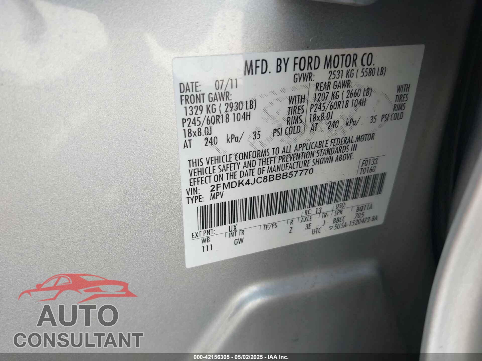 FORD EDGE 2011 - 2FMDK4JC8BBB57770