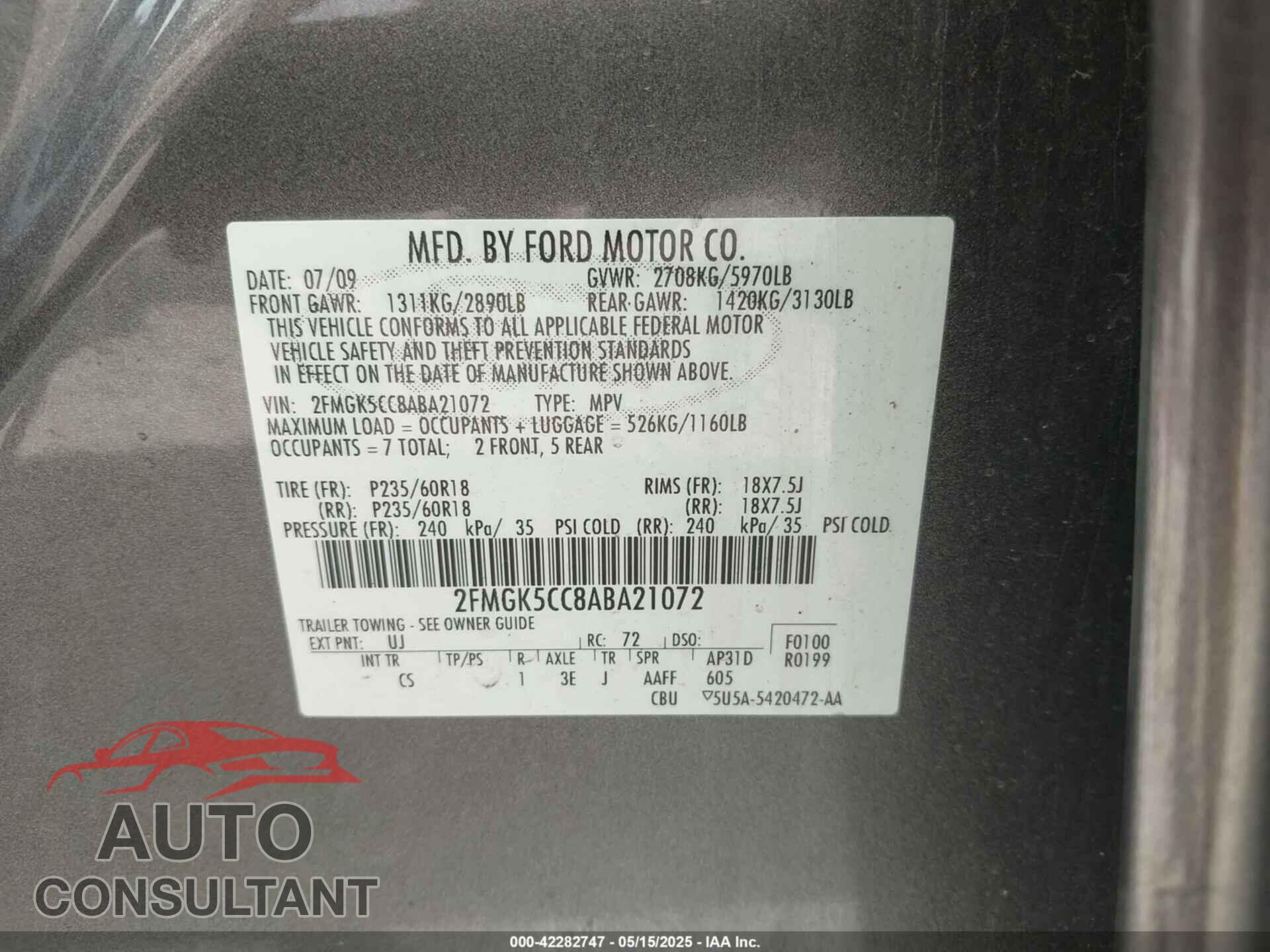 FORD FLEX 2010 - 2FMGK5CC8ABA21072