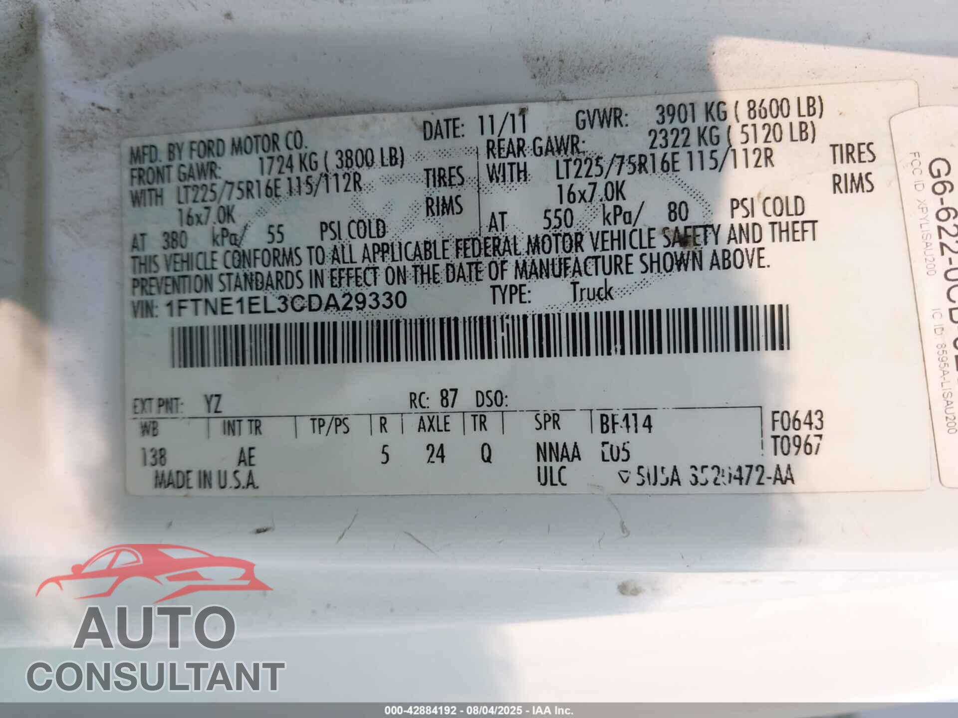 FORD E-150 2012 - 1FTNE1EL3CDA29330