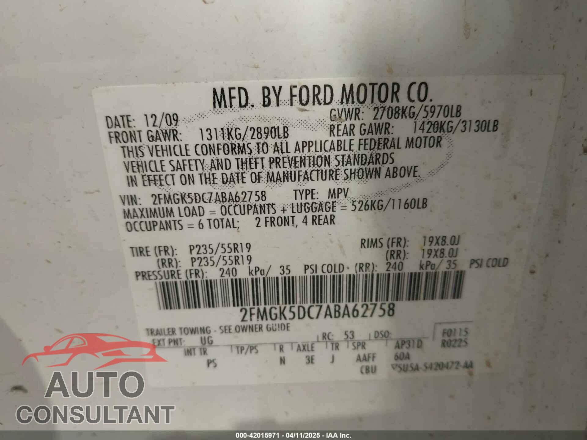 FORD FLEX 2010 - 2FMGK5DC7ABA62758