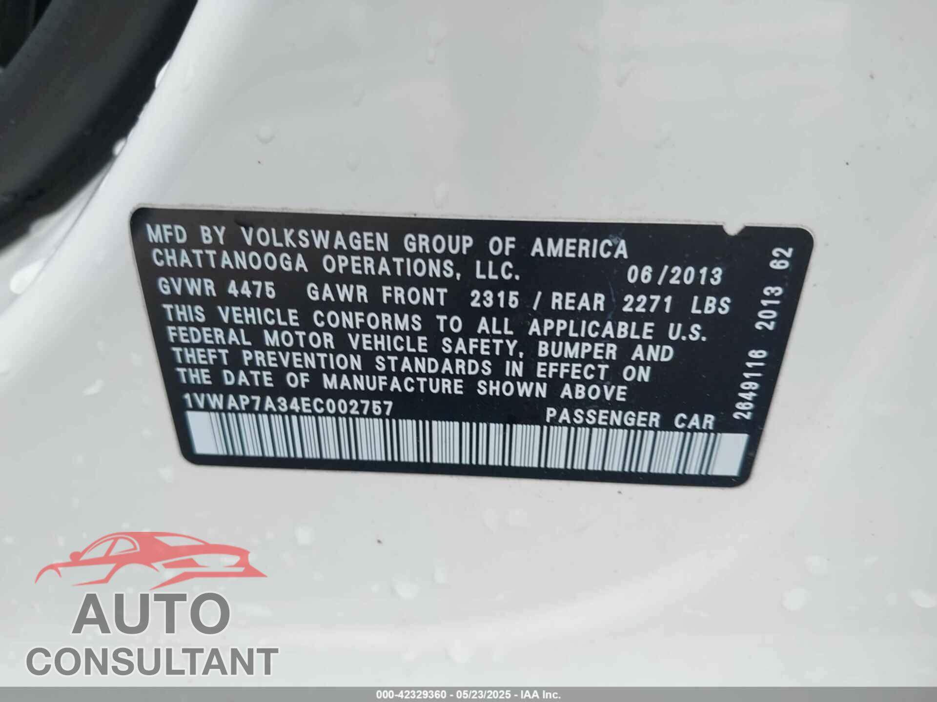VOLKSWAGEN PASSAT 2014 - 1VWAP7A34EC002757
