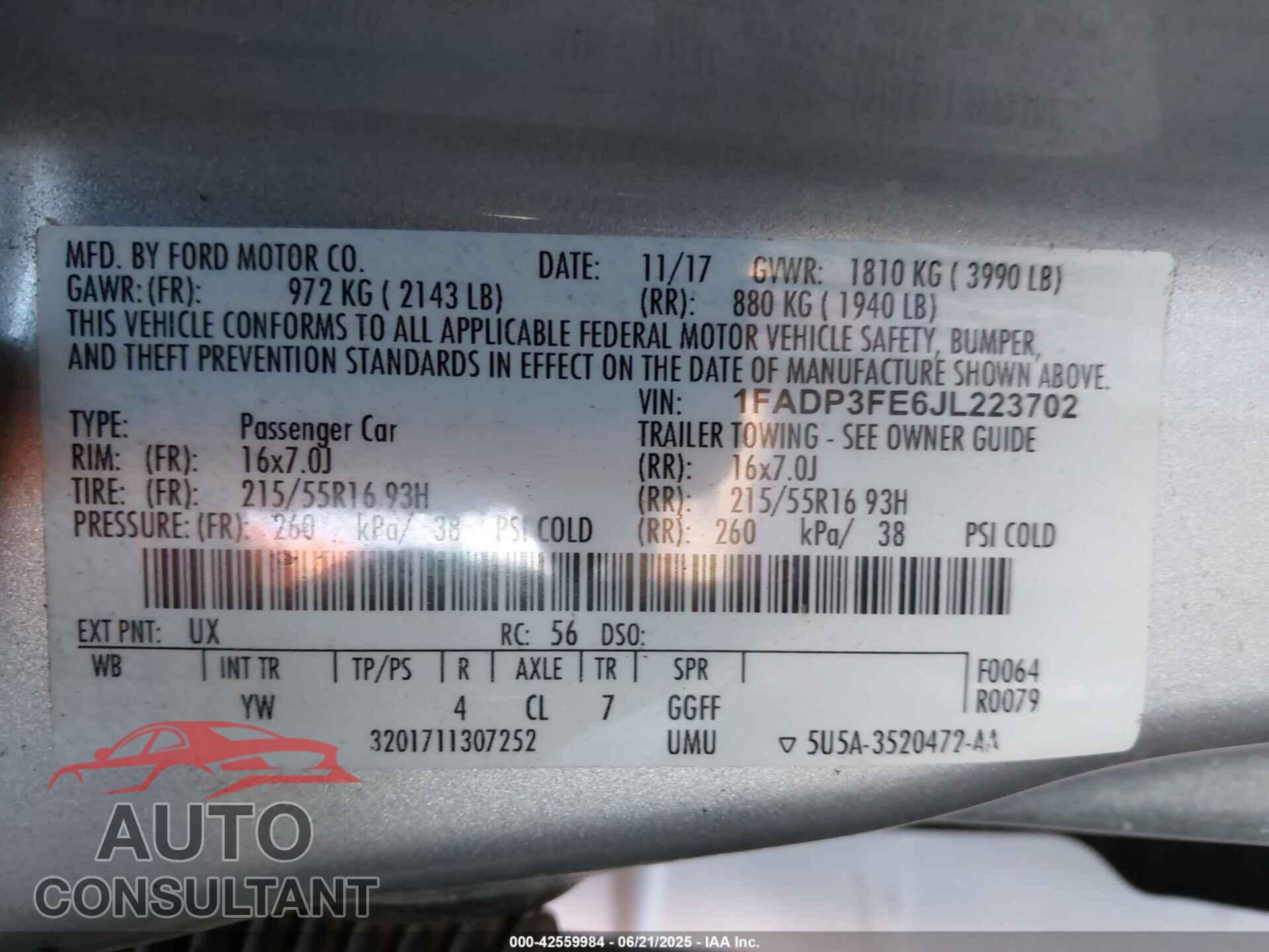 FORD FOCUS 2018 - 1FADP3FE6JL223702