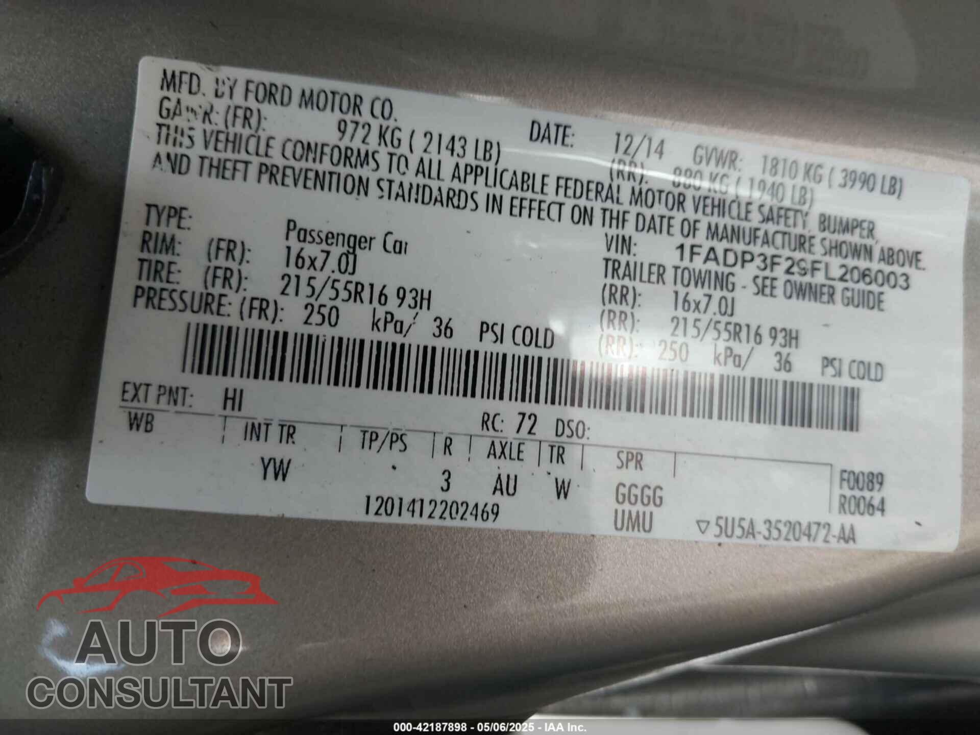 FORD FOCUS 2015 - 1FADP3F29FL206003