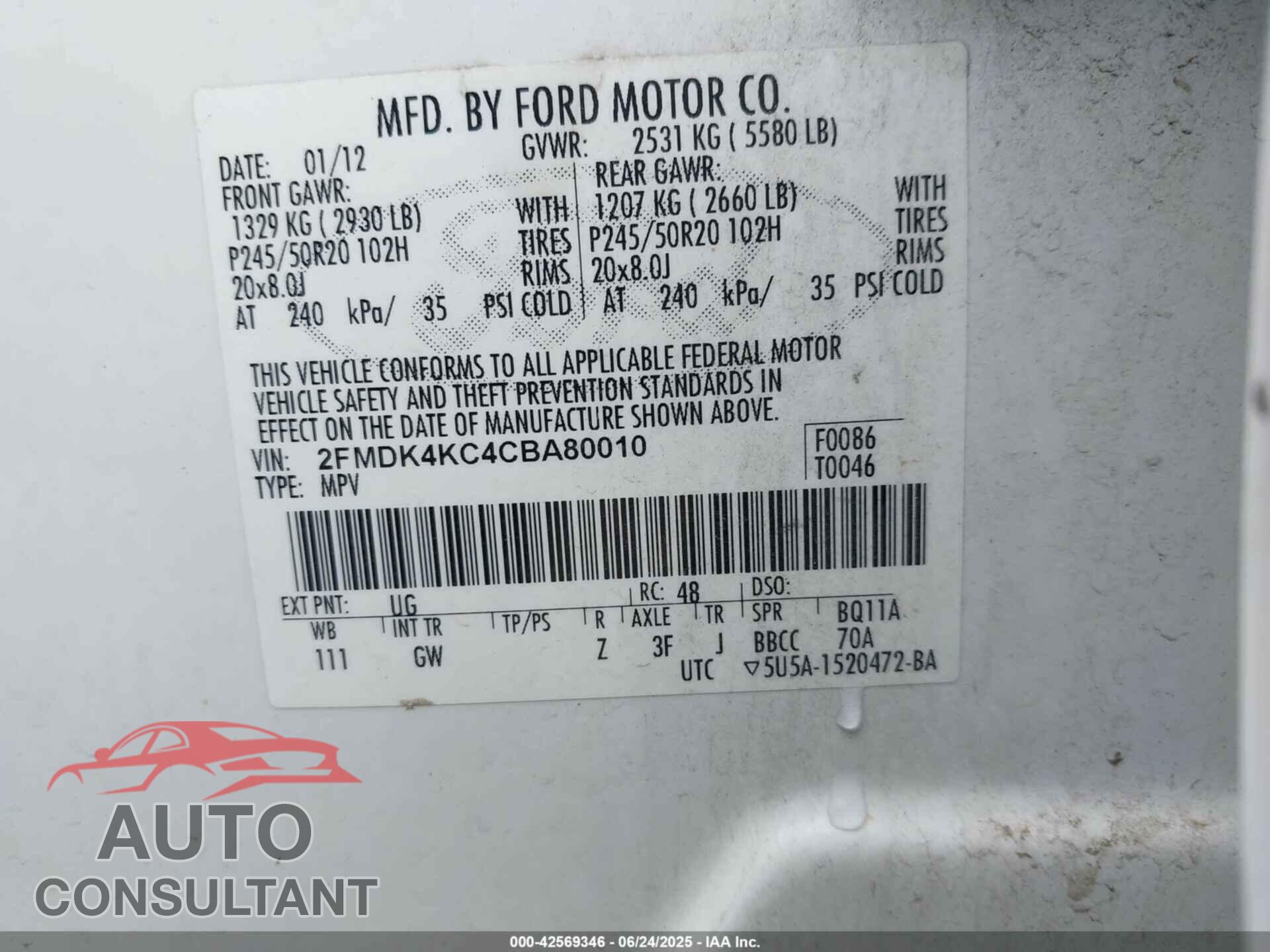 FORD EDGE 2012 - 2FMDK4KC4CBA80010