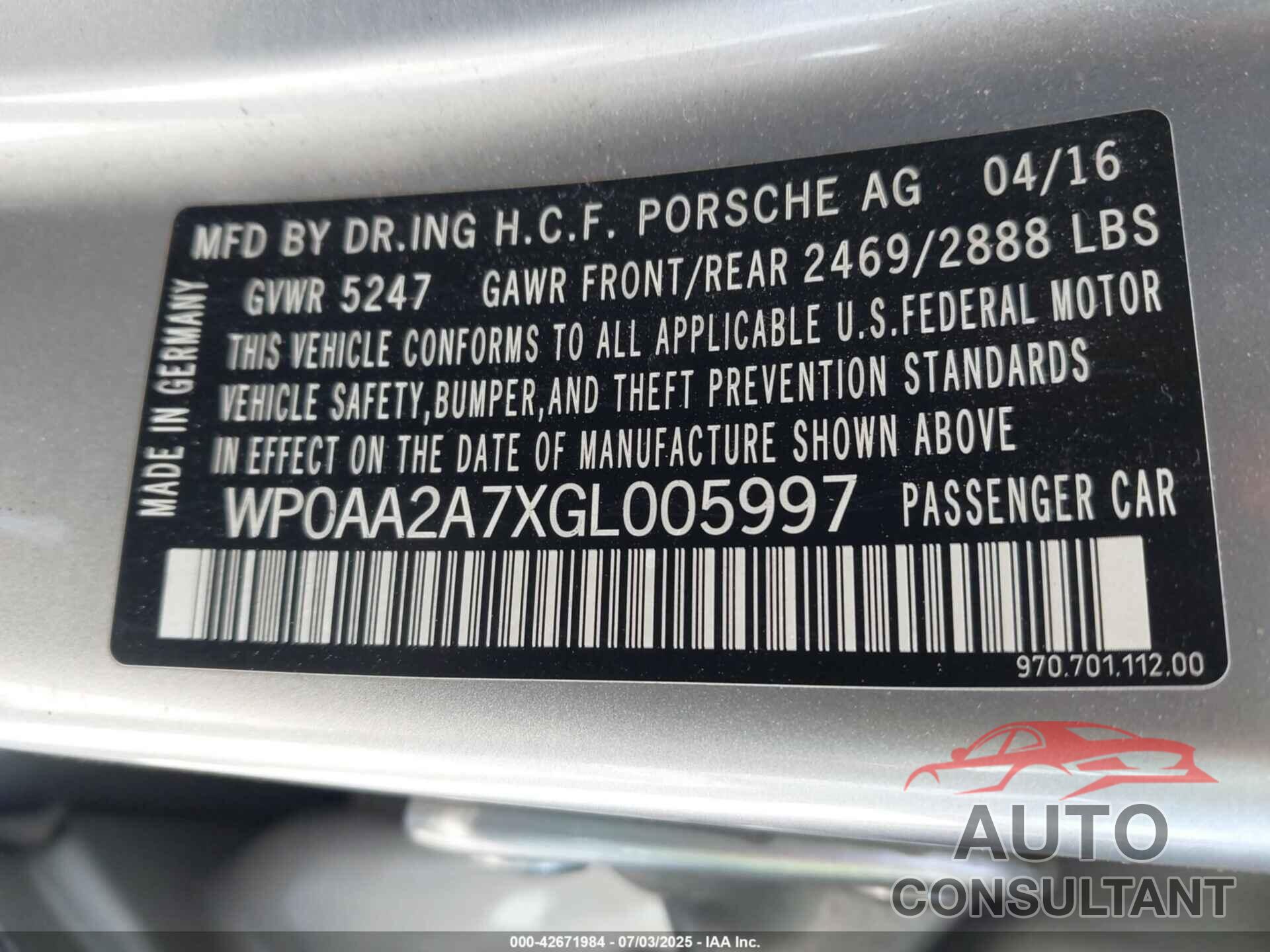 PORSCHE PANAMERA 2016 - WP0AA2A7XGL005997