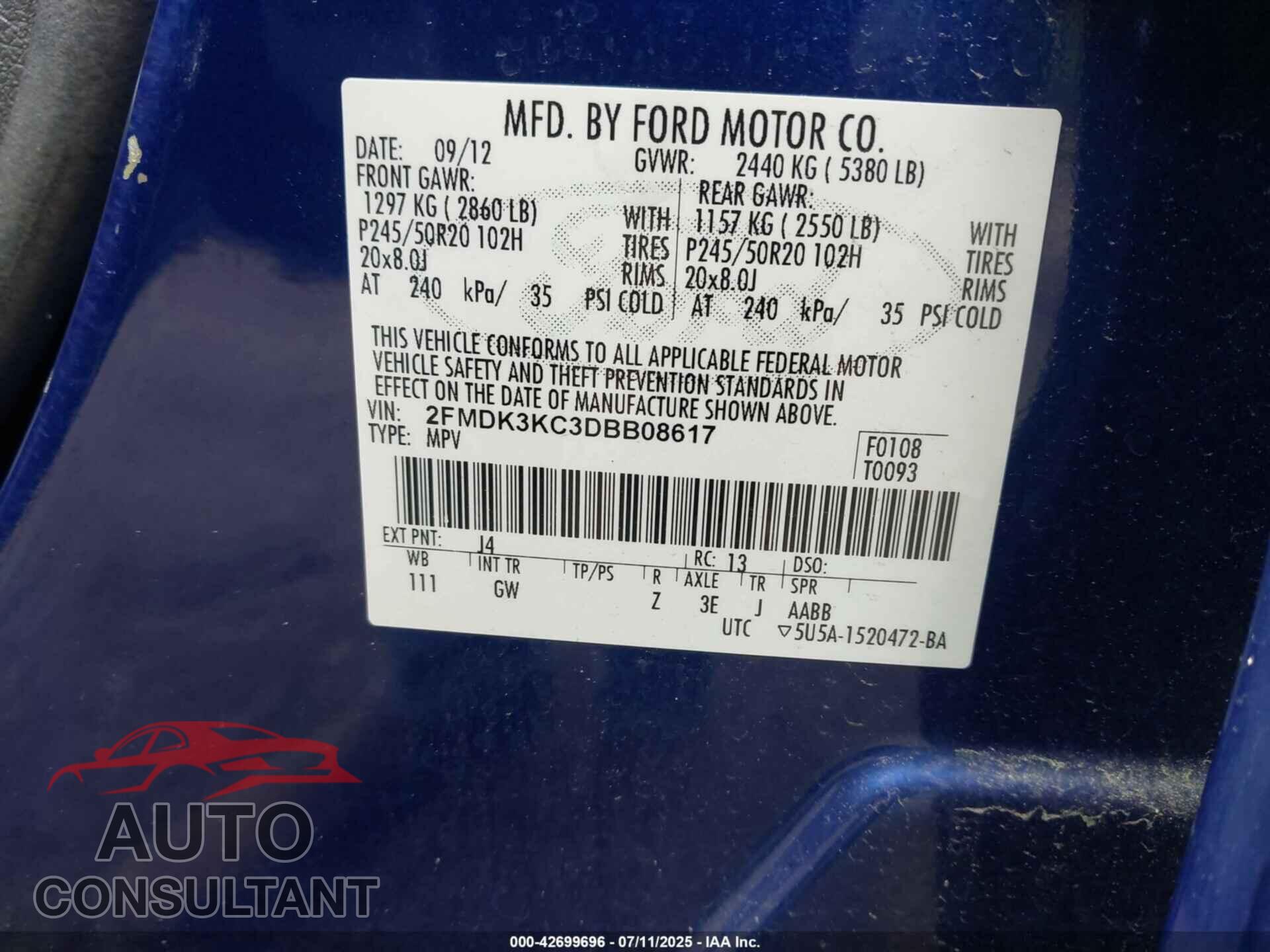 FORD EDGE 2013 - 2FMDK3KC3DBB08617