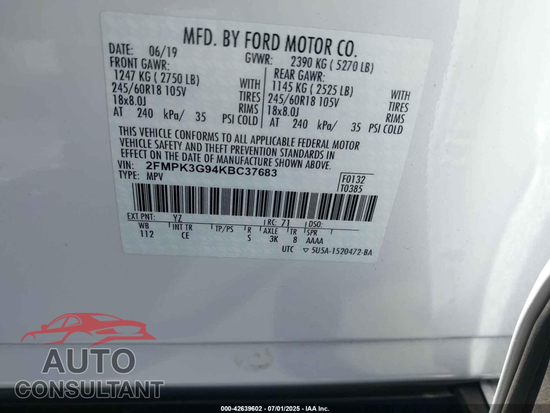 FORD EDGE 2019 - 2FMPK3G94KBC37683