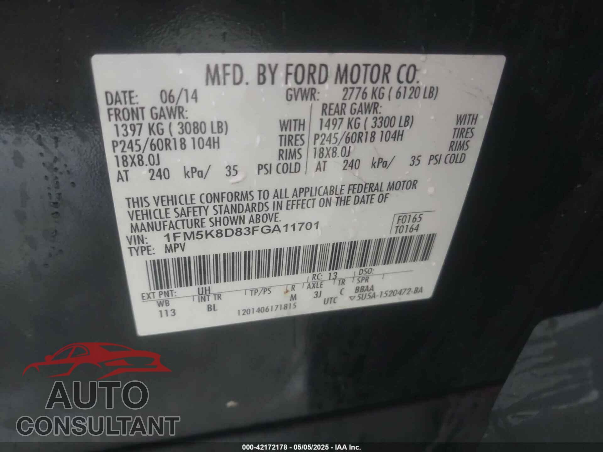 FORD EXPLORER 2015 - 1FM5K8D83FGA11701