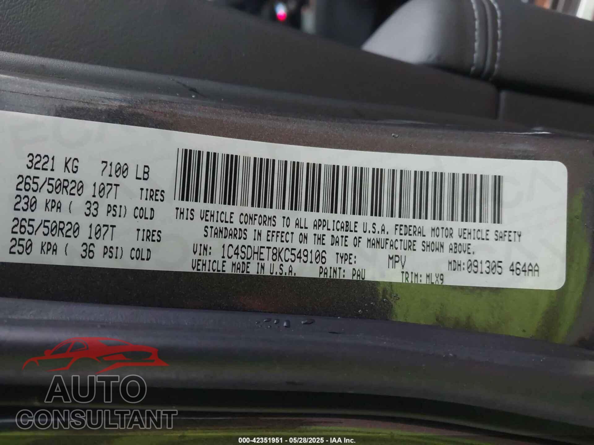 DODGE DURANGO 2019 - 1C4SDHET8KC549106