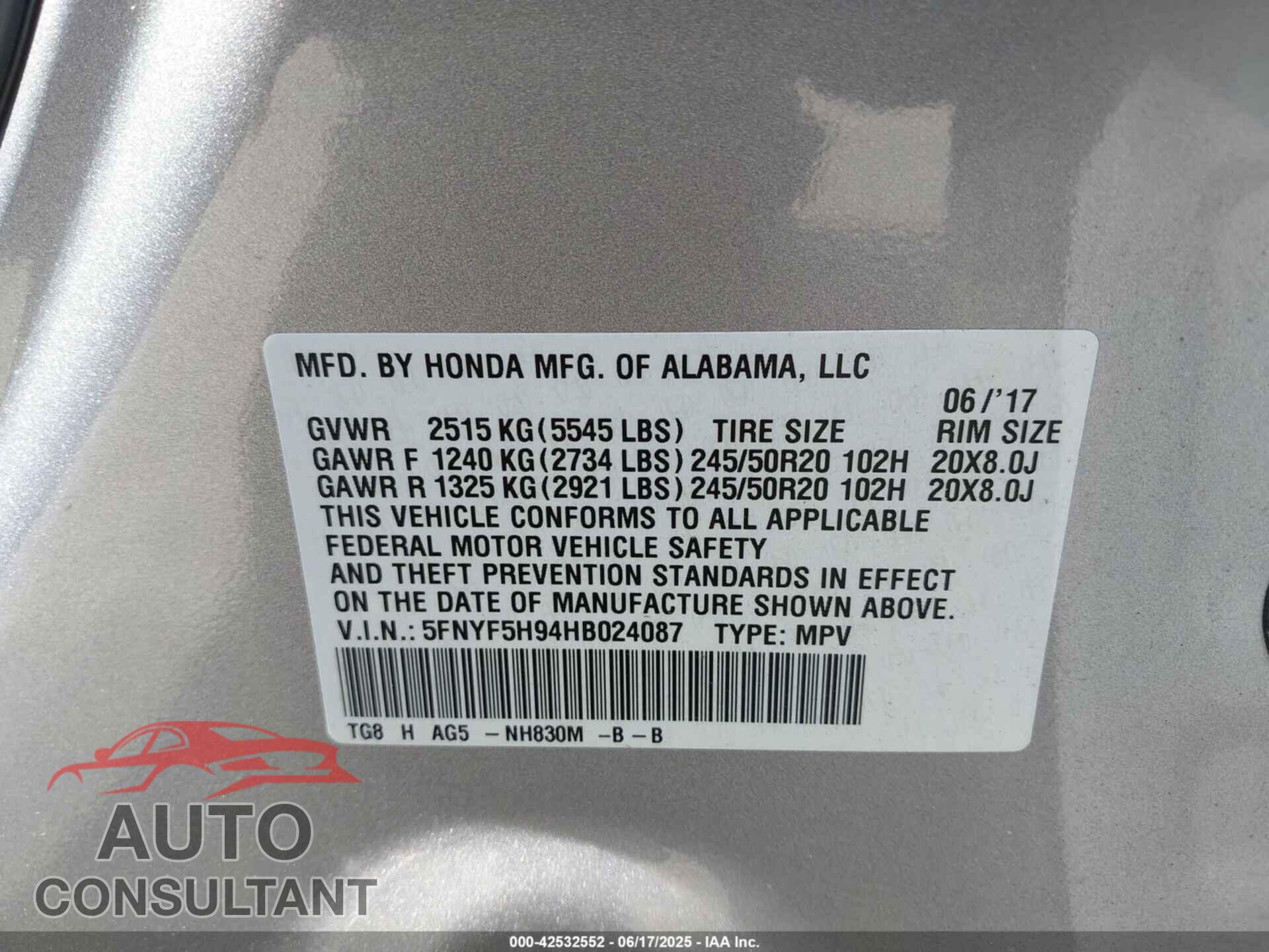 HONDA PILOT 2017 - 5FNYF5H94HB024087