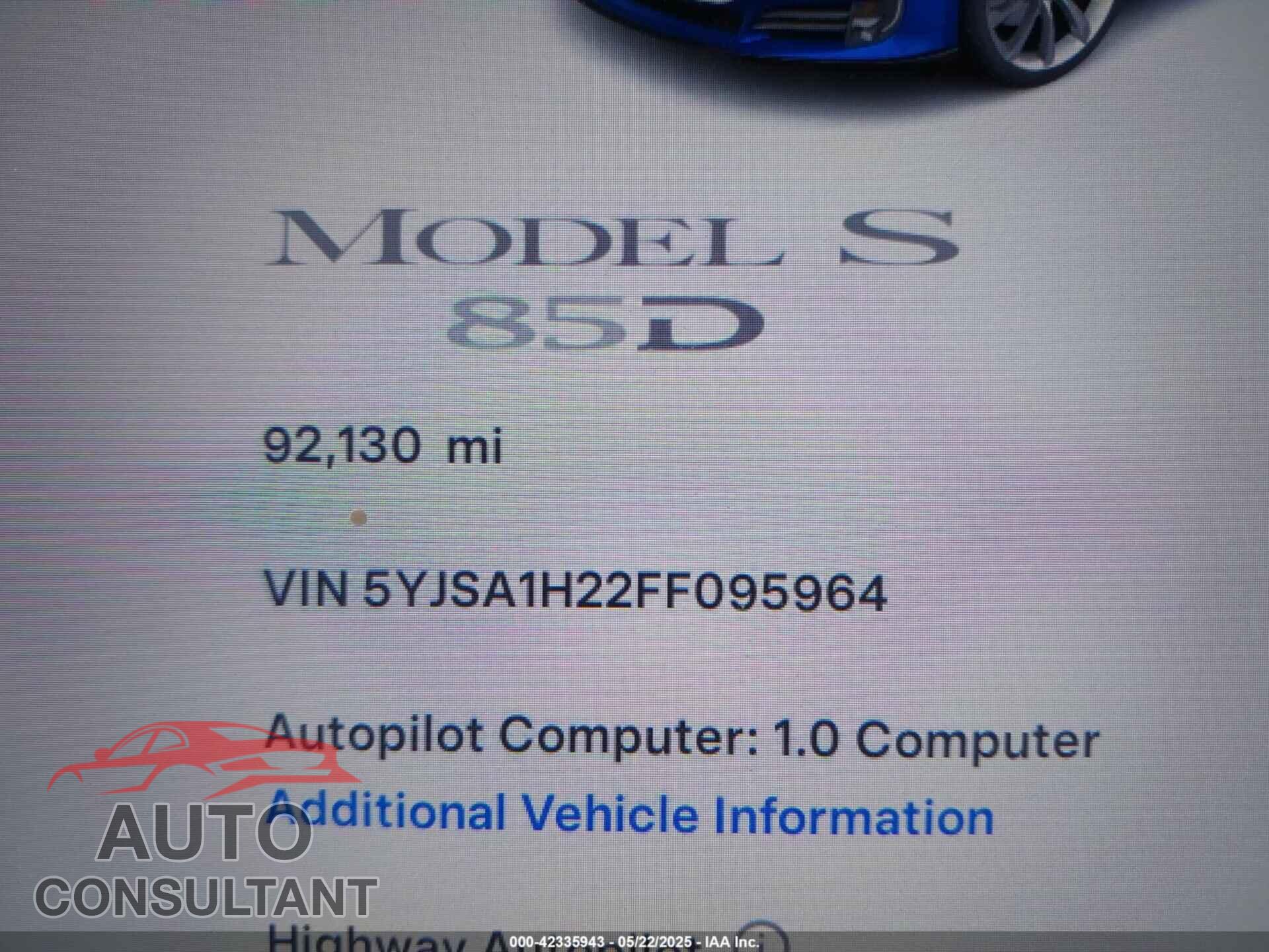TESLA MODEL S 2015 - 5YJSA1H22FF095964