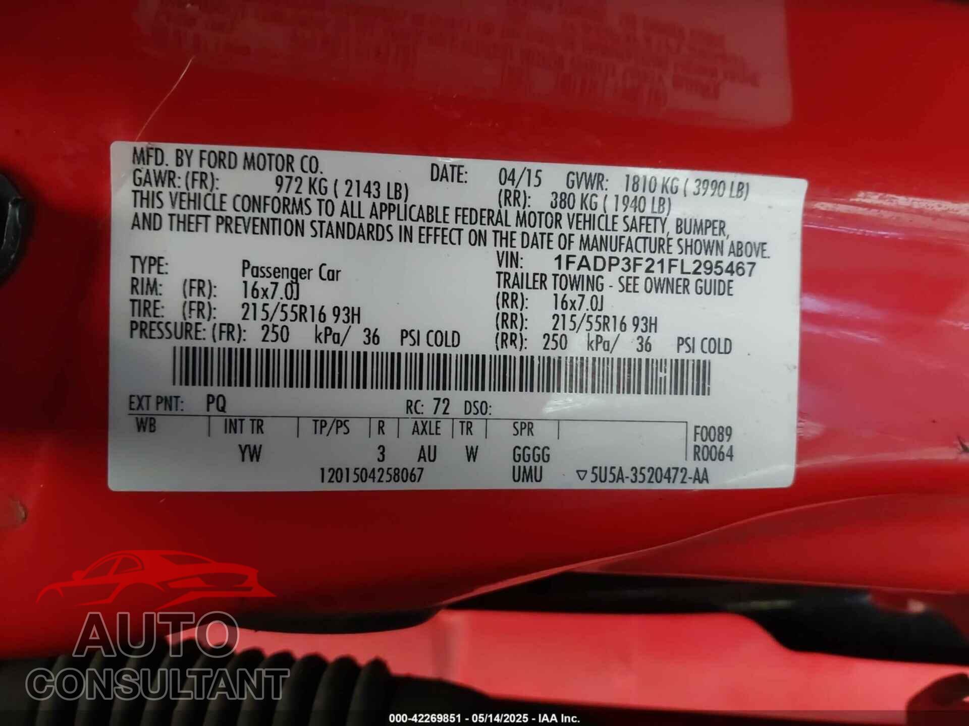 FORD FOCUS 2015 - 1FADP3F21FL295467