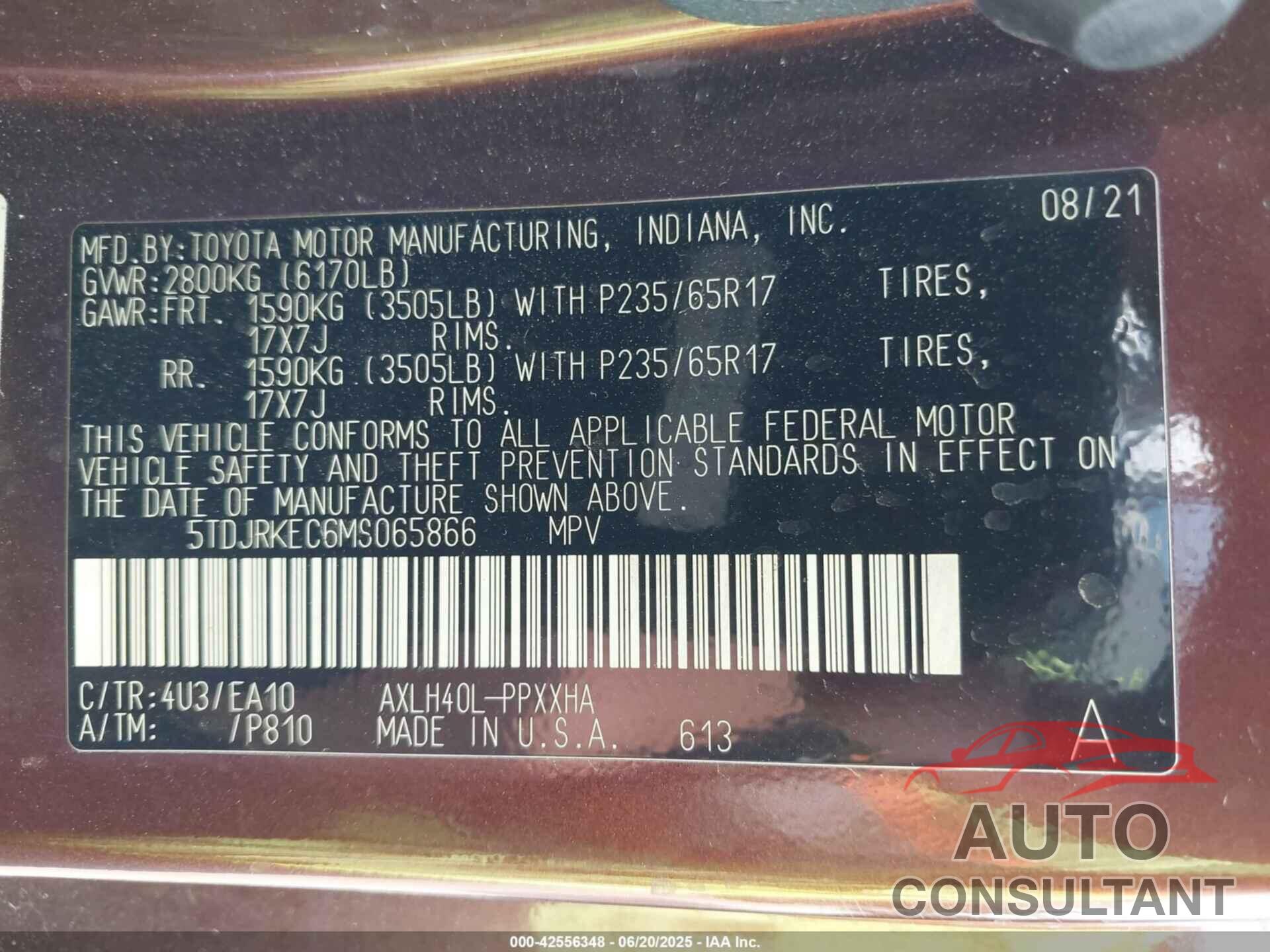 TOYOTA SIENNA 2021 - 5TDJRKEC6MS065866