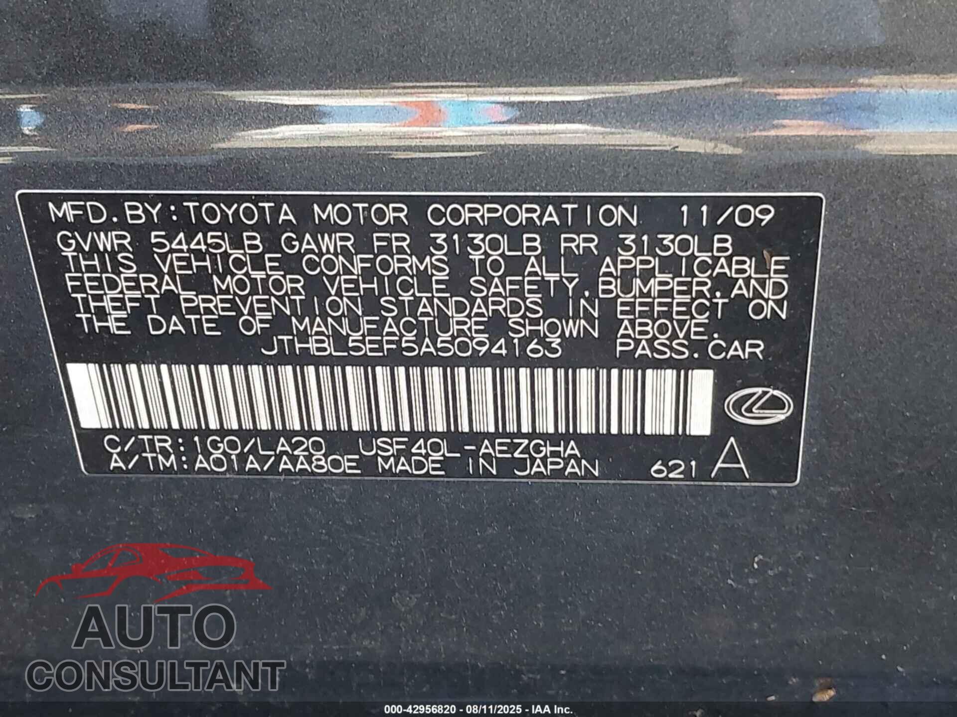 LEXUS LS 460 2010 - JTHBL5EF5A5094163