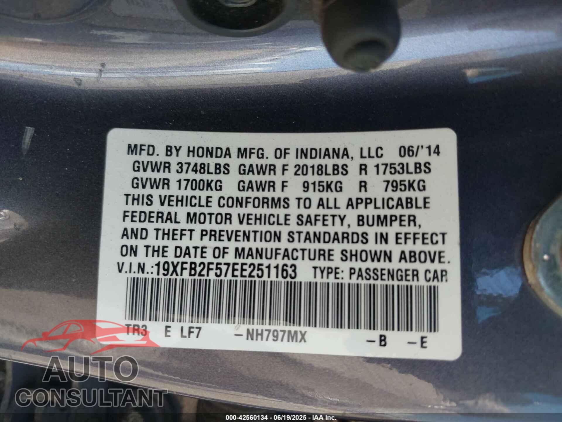 HONDA CIVIC 2014 - 19XFB2F57EE251163