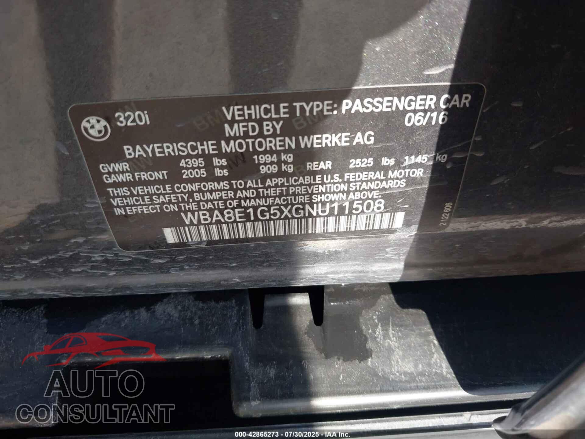 BMW 320I 2016 - WBA8E1G5XGNU11508