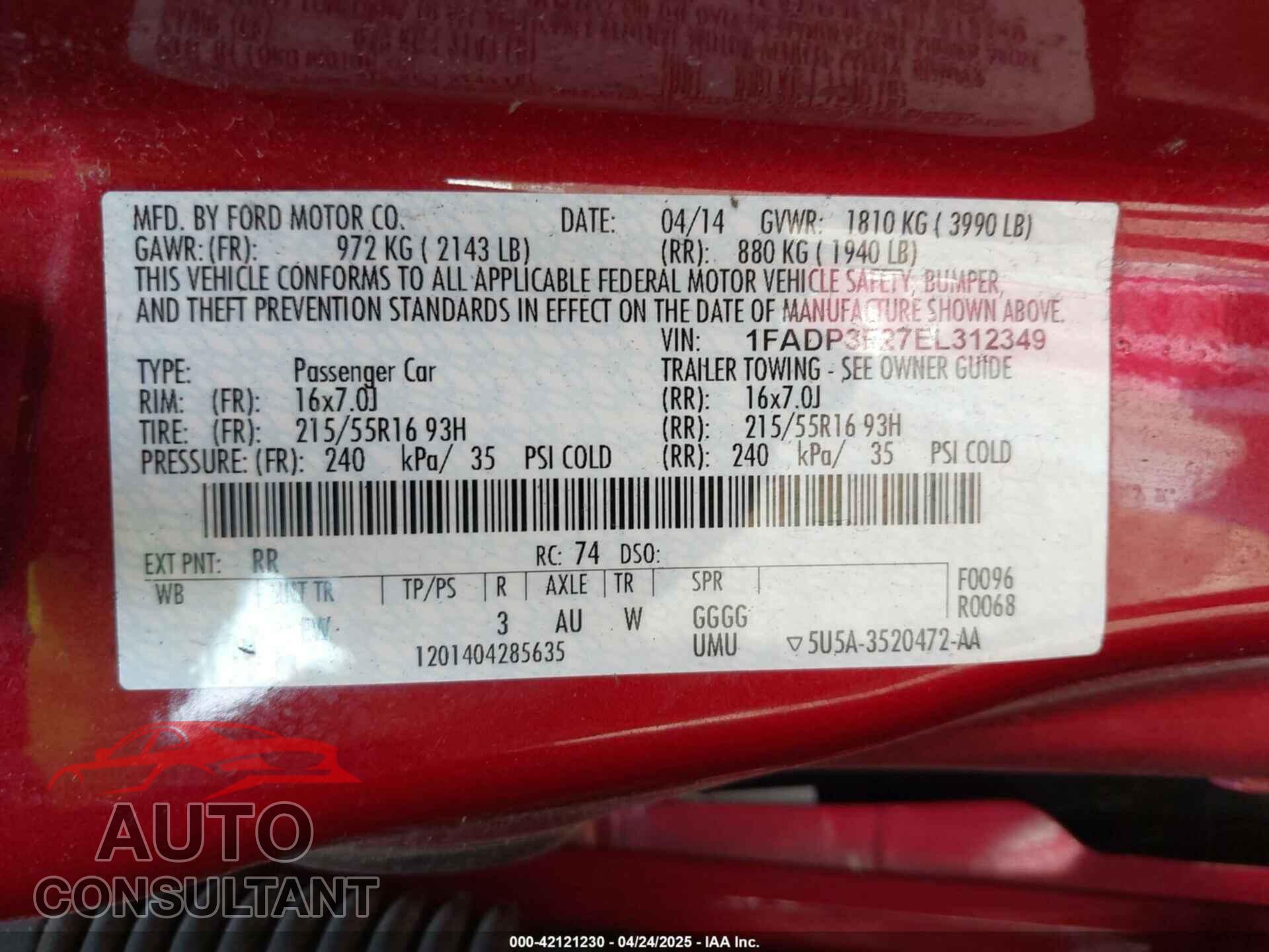 FORD FOCUS 2014 - 1FADP3F27EL312349