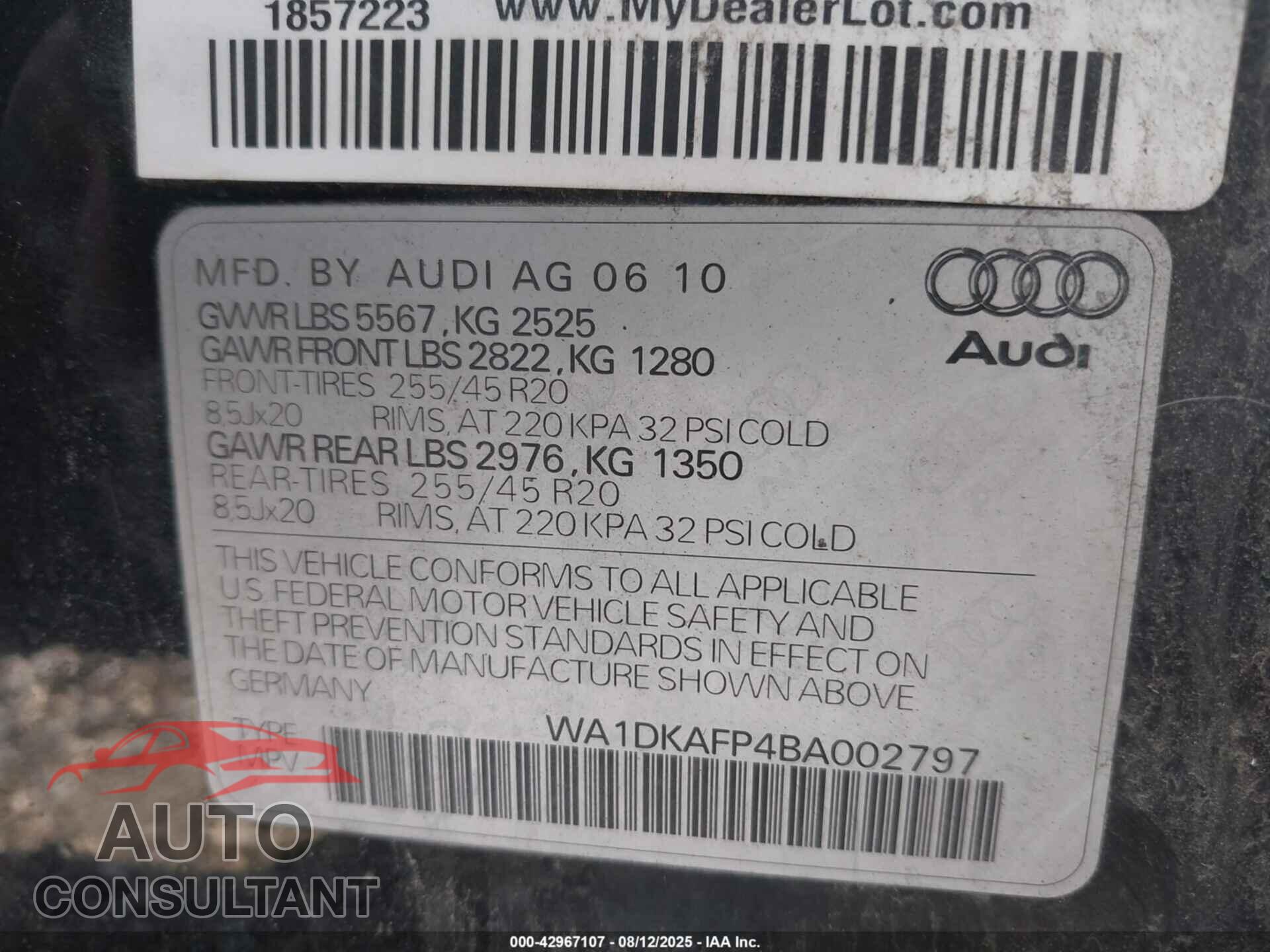 AUDI Q5 2011 - WA1DKAFP4BA002797