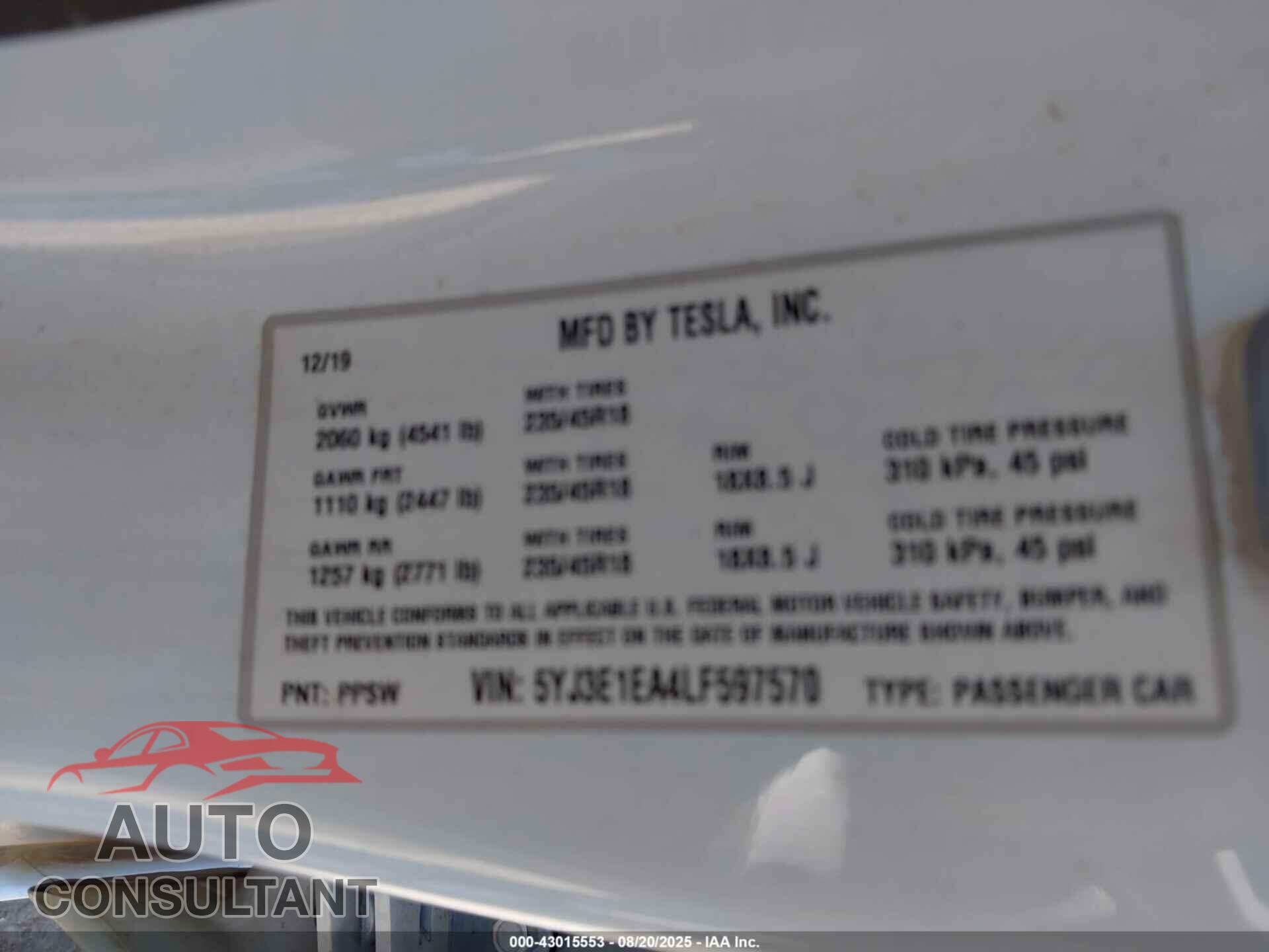 TESLA MODEL 3 2020 - 5YJ3E1EA4LF597570