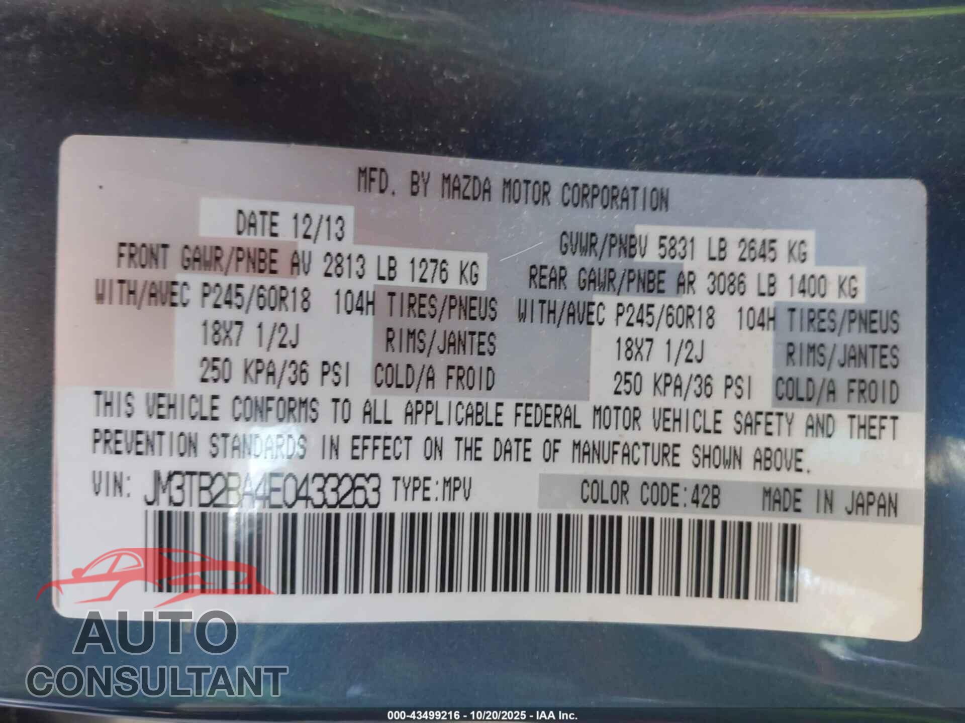MAZDA CX-9 2014 - JM3TB2BA4E0433263