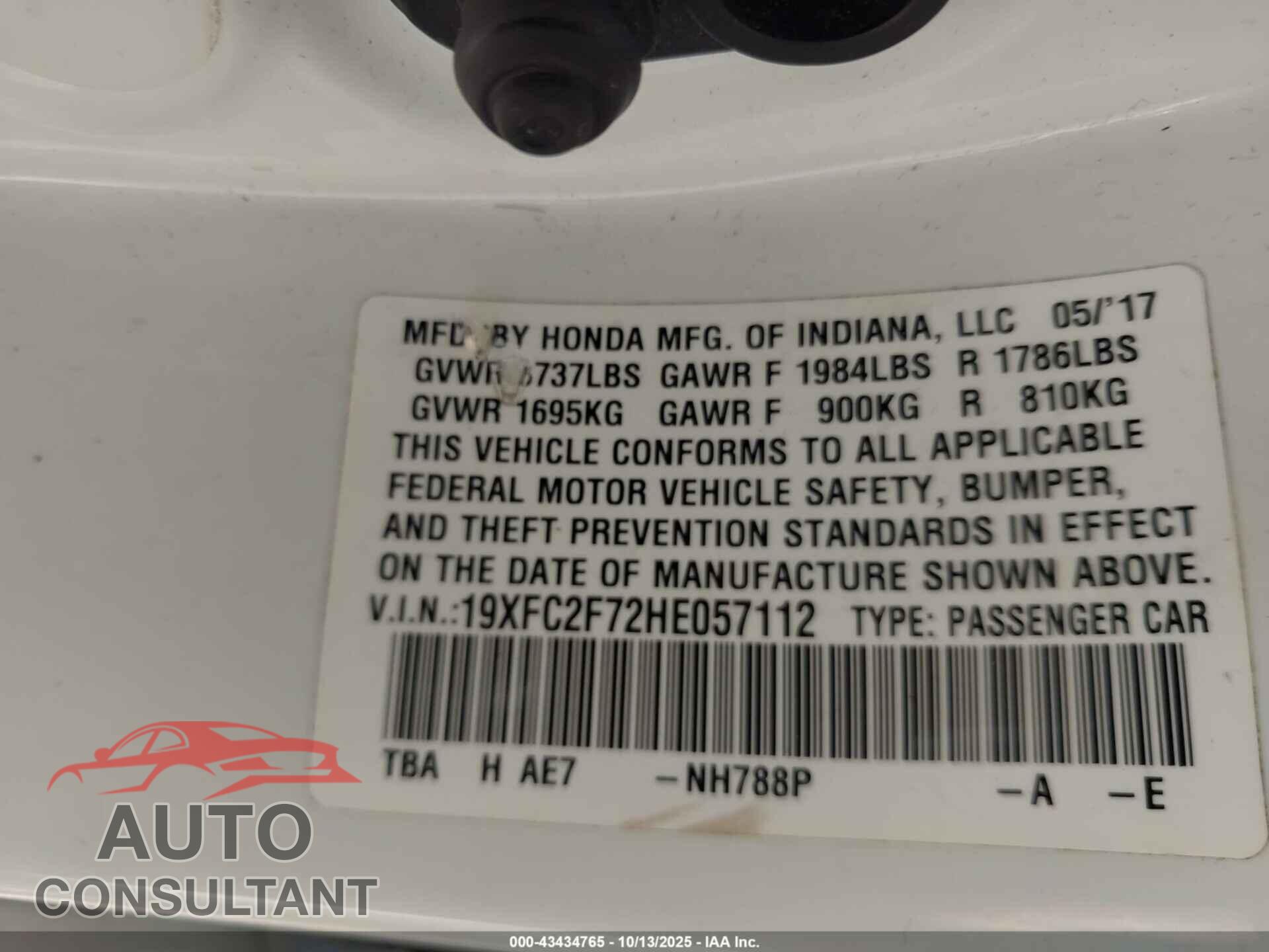 HONDA CIVIC 2017 - 19XFC2F72HE057112