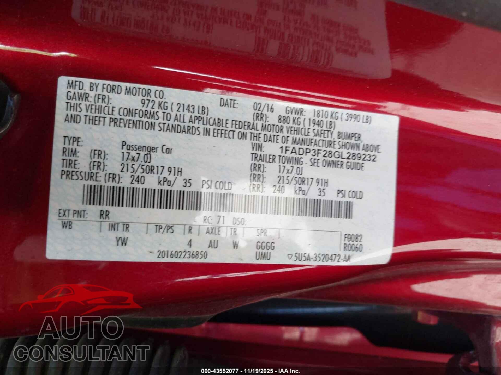 FORD FOCUS 2016 - 1FADP3F28GL289232