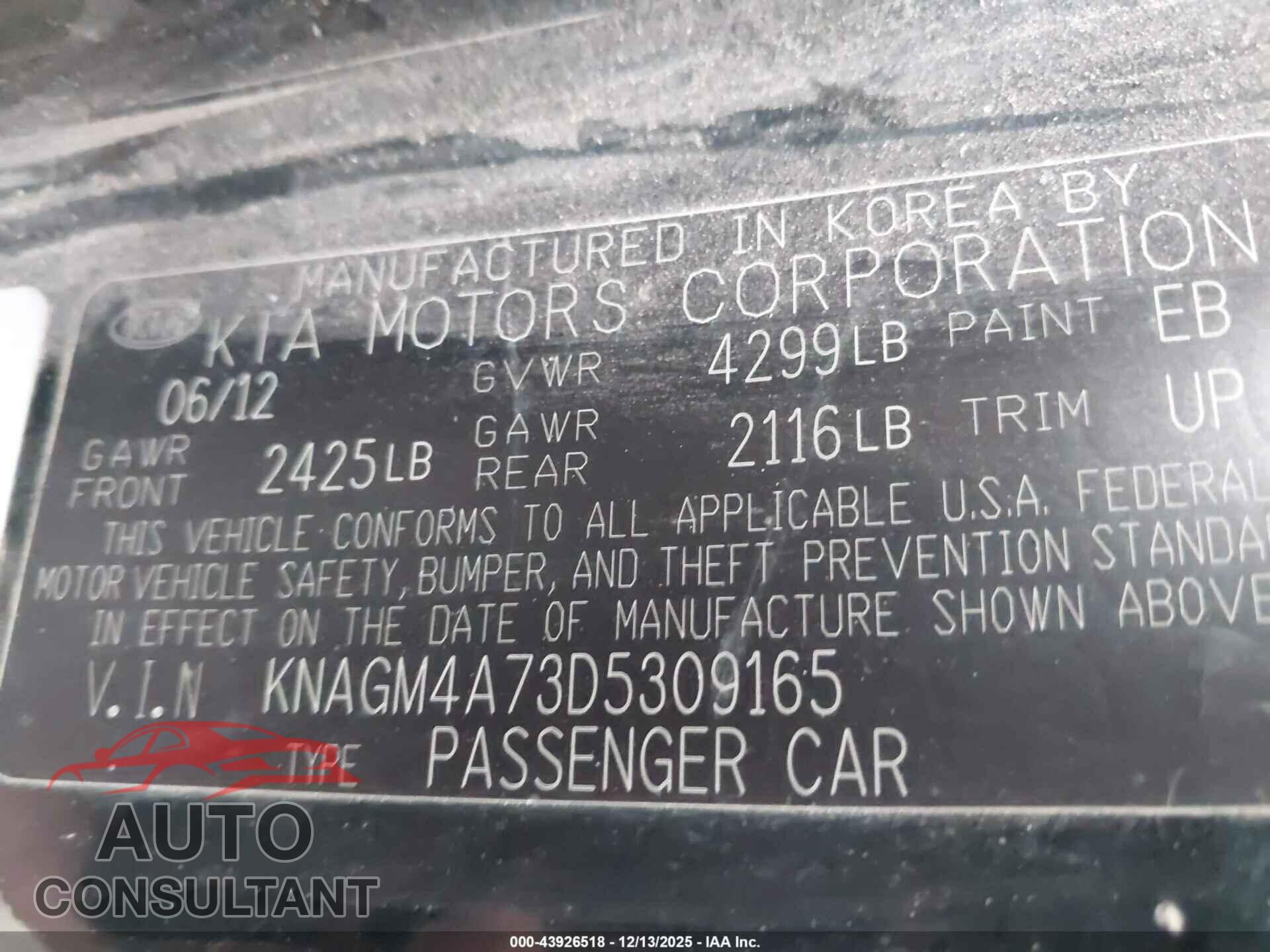 KIA OPTIMA 2013 - KNAGM4A73D5309165