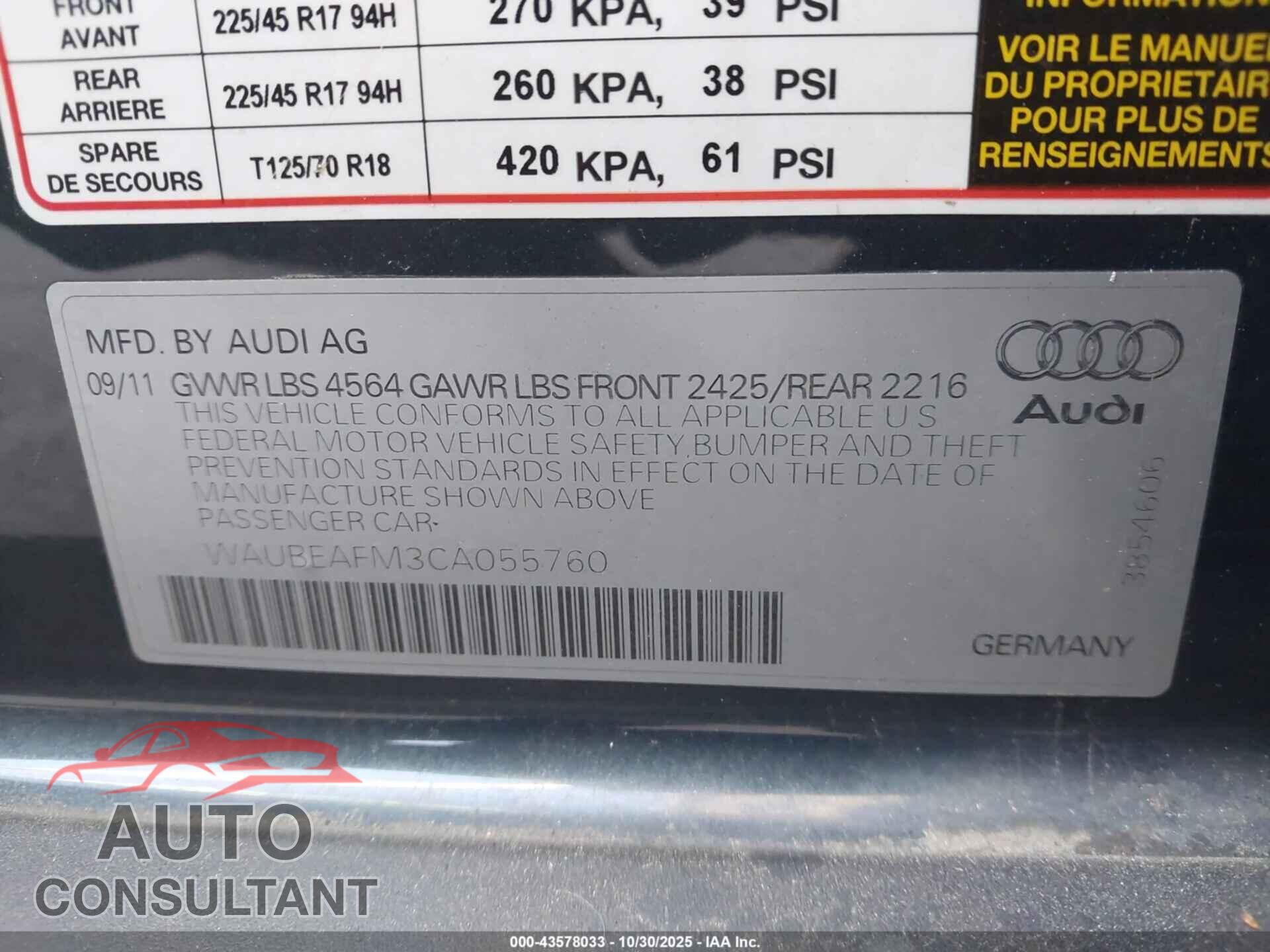 AUDI A3 2012 - WAUBEAFM3CA055760