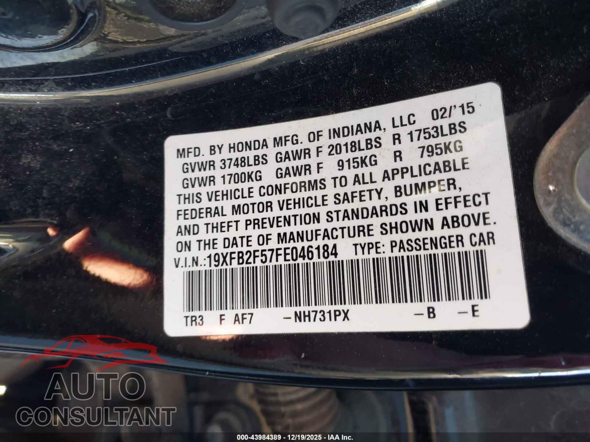 HONDA CIVIC 2015 - 19XFB2F57FE046184