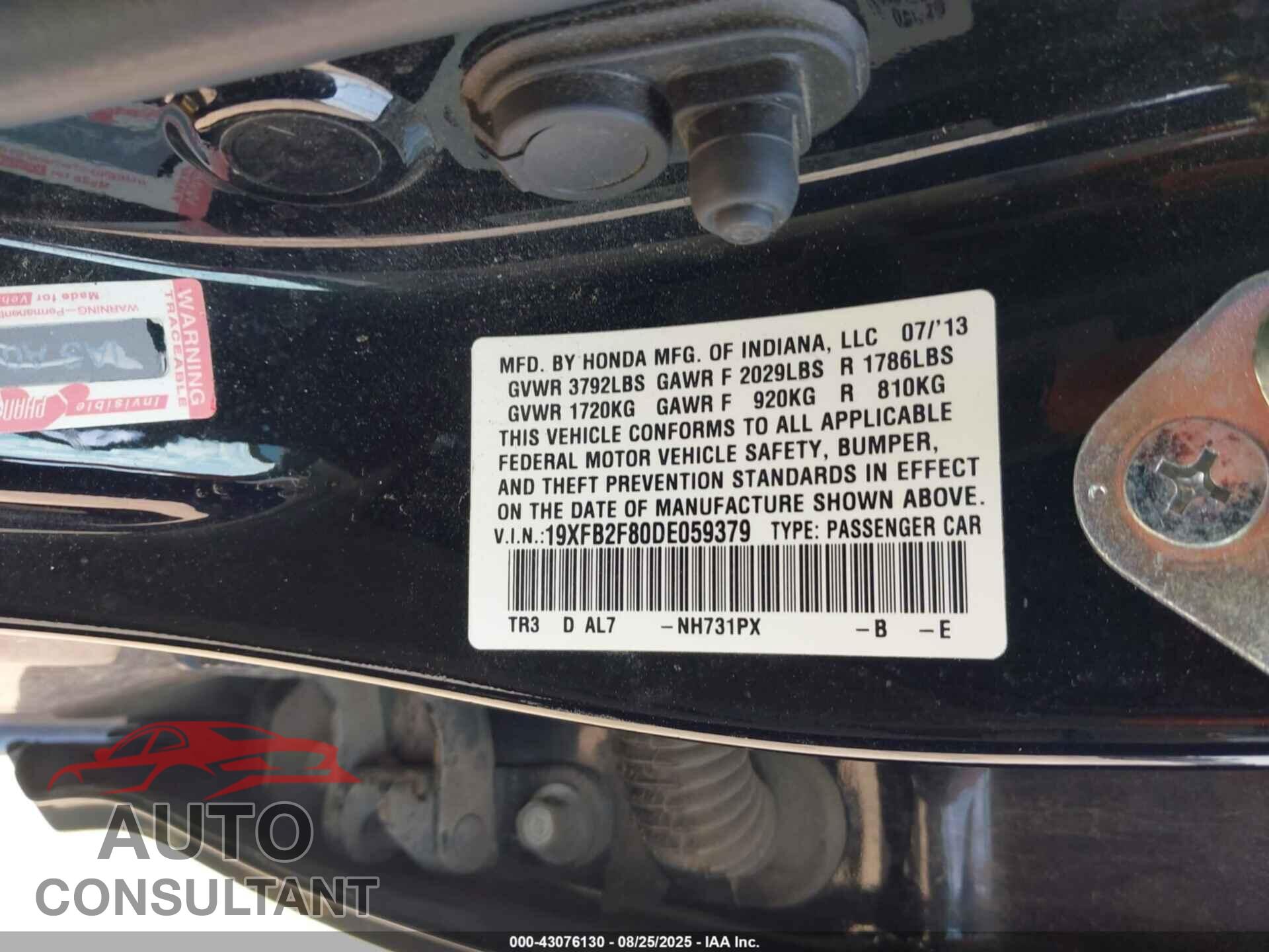 HONDA CIVIC 2013 - 19XFB2F80DE059379