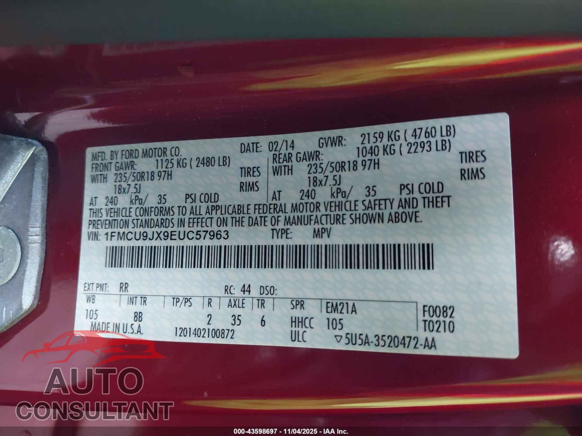 FORD ESCAPE 2014 - 1FMCU9JX9EUC57963