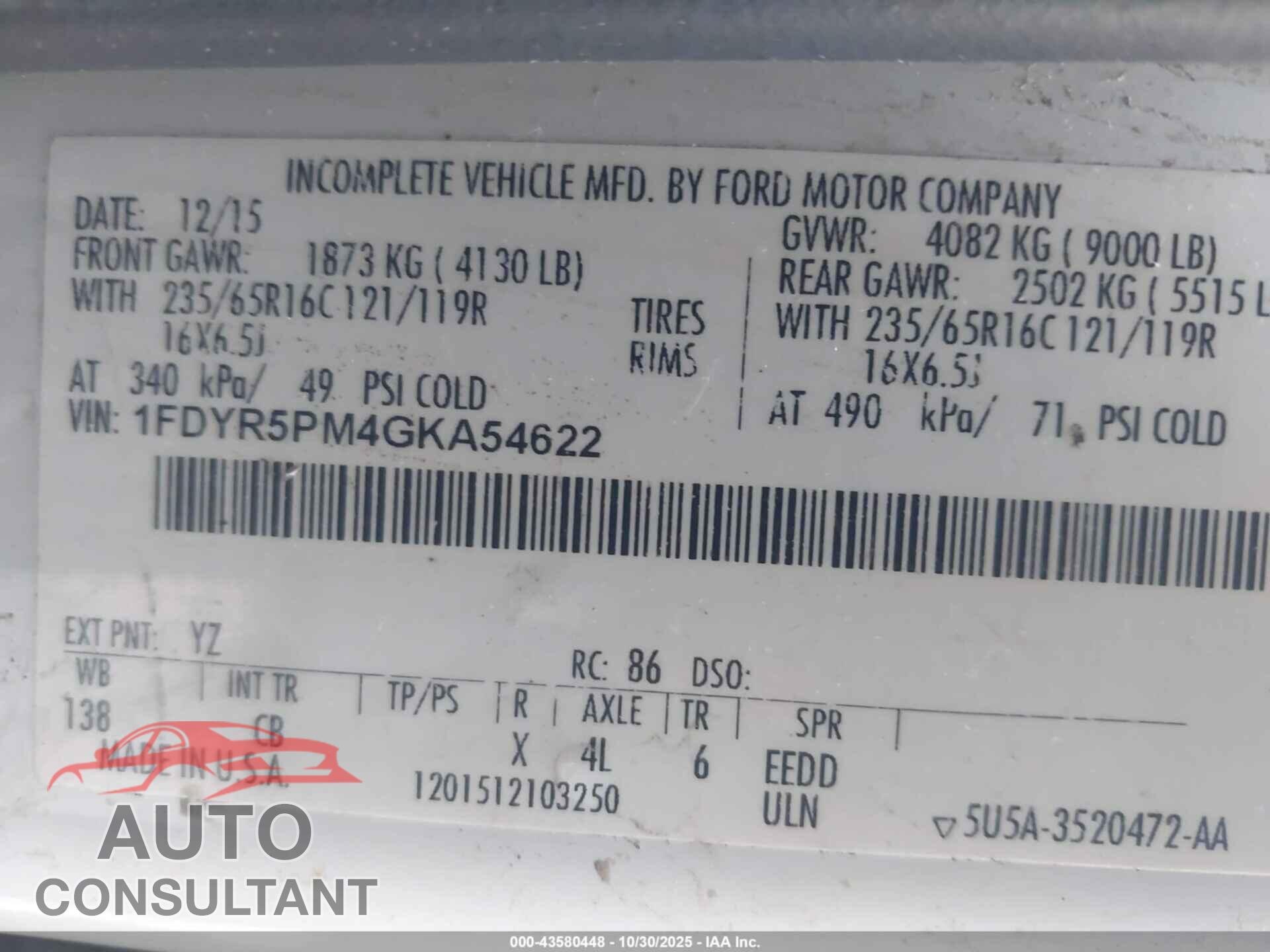 FORD TRANSIT-250 CUTAWAY 2016 - 1FDYR5PM4GKA54622