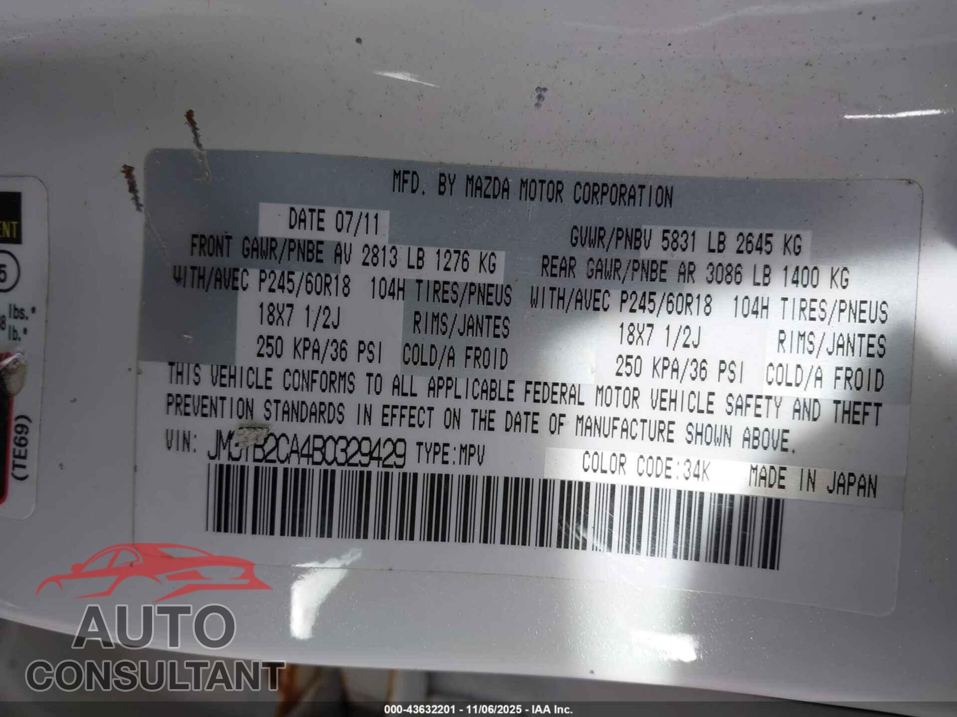 MAZDA CX-9 2011 - JM3TB2CA4B0329429
