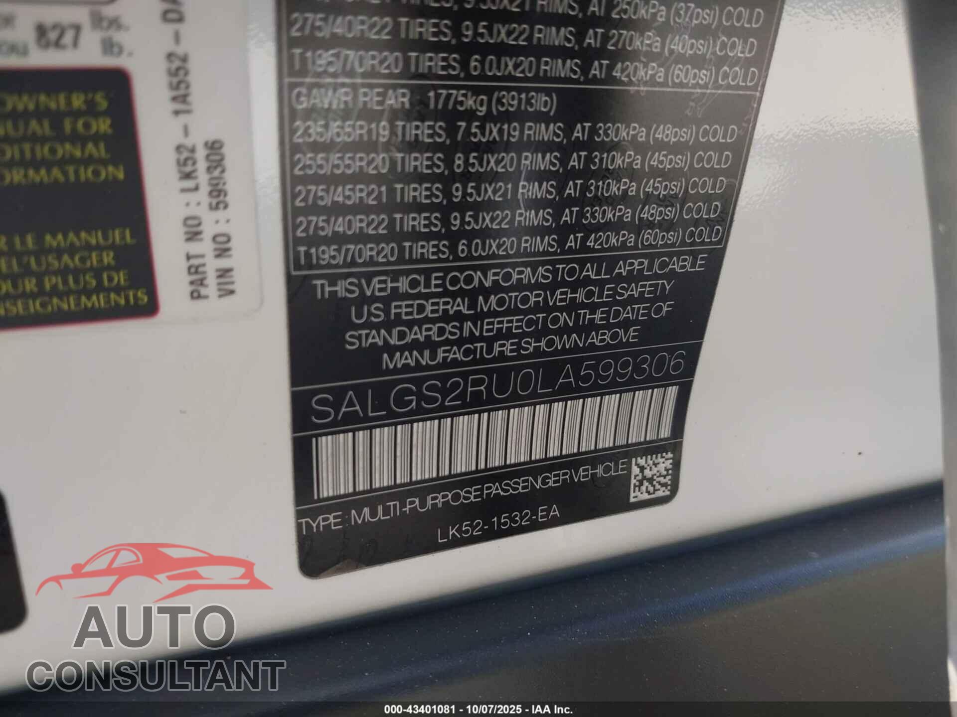 LAND ROVER RANGE ROVER 2020 - SALGS2RU0LA599306