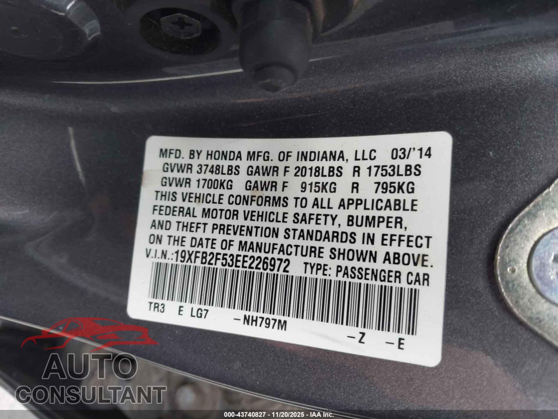 HONDA CIVIC 2014 - 19XFB2F53EE226972