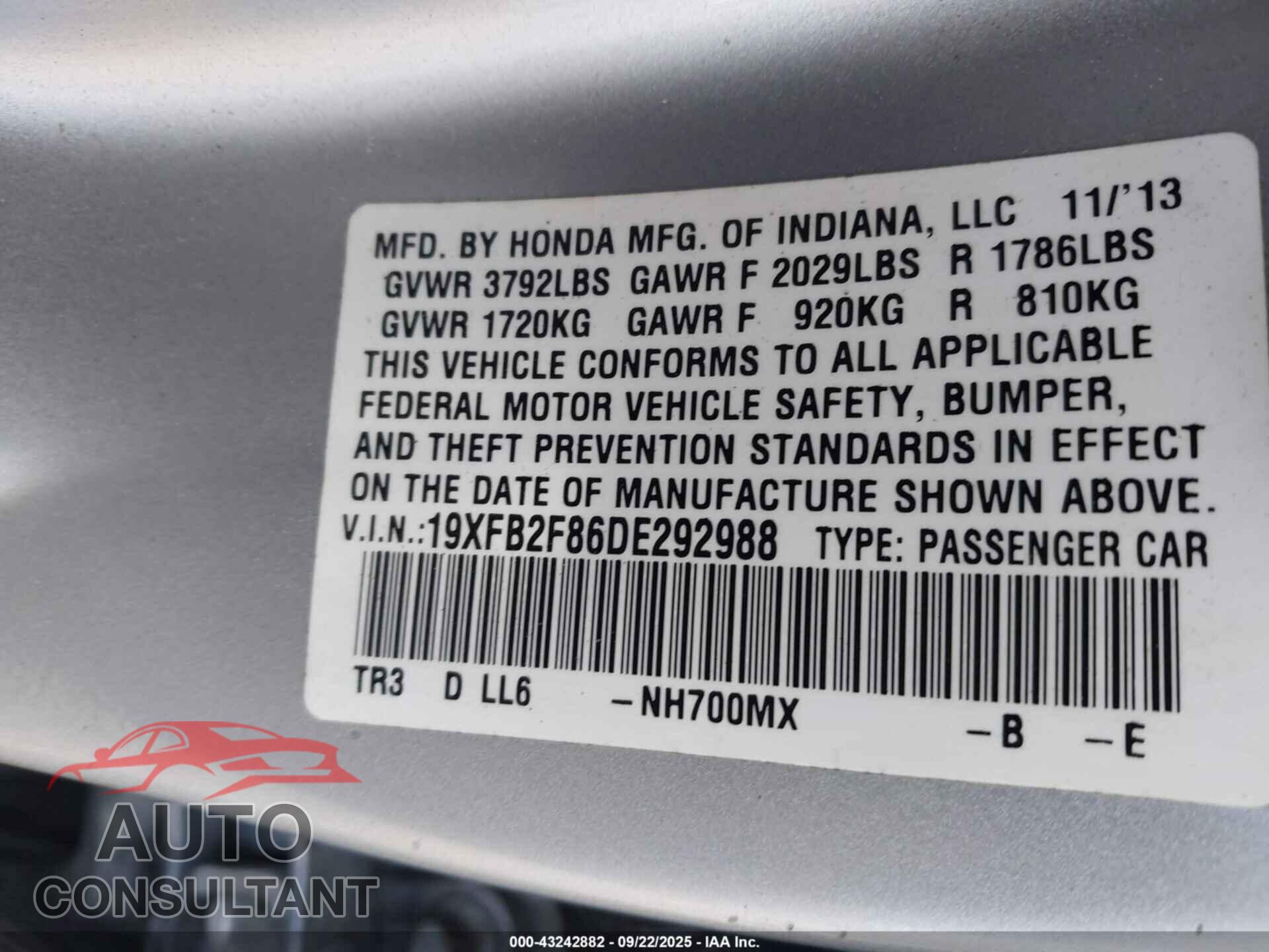 HONDA CIVIC 2013 - 19XFB2F86DE292988