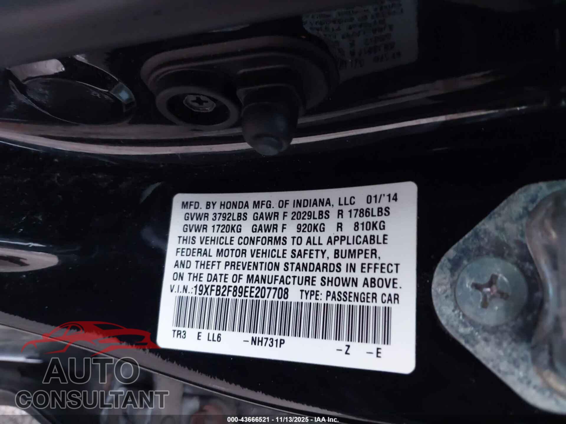 HONDA CIVIC 2014 - 19XFB2F89EE207708