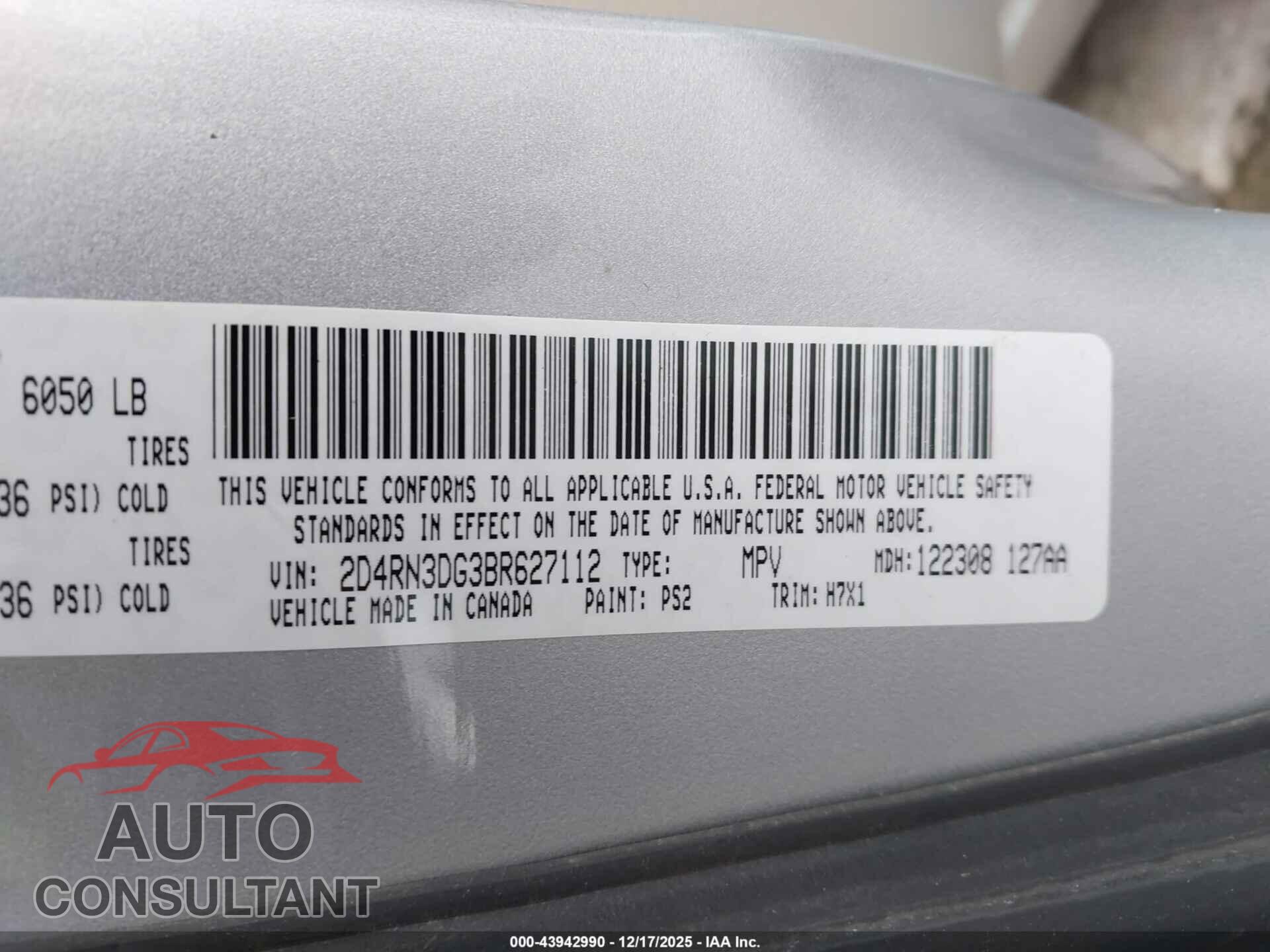 DODGE GRAND CARAVAN 2011 - 2D4RN3DG3BR627112