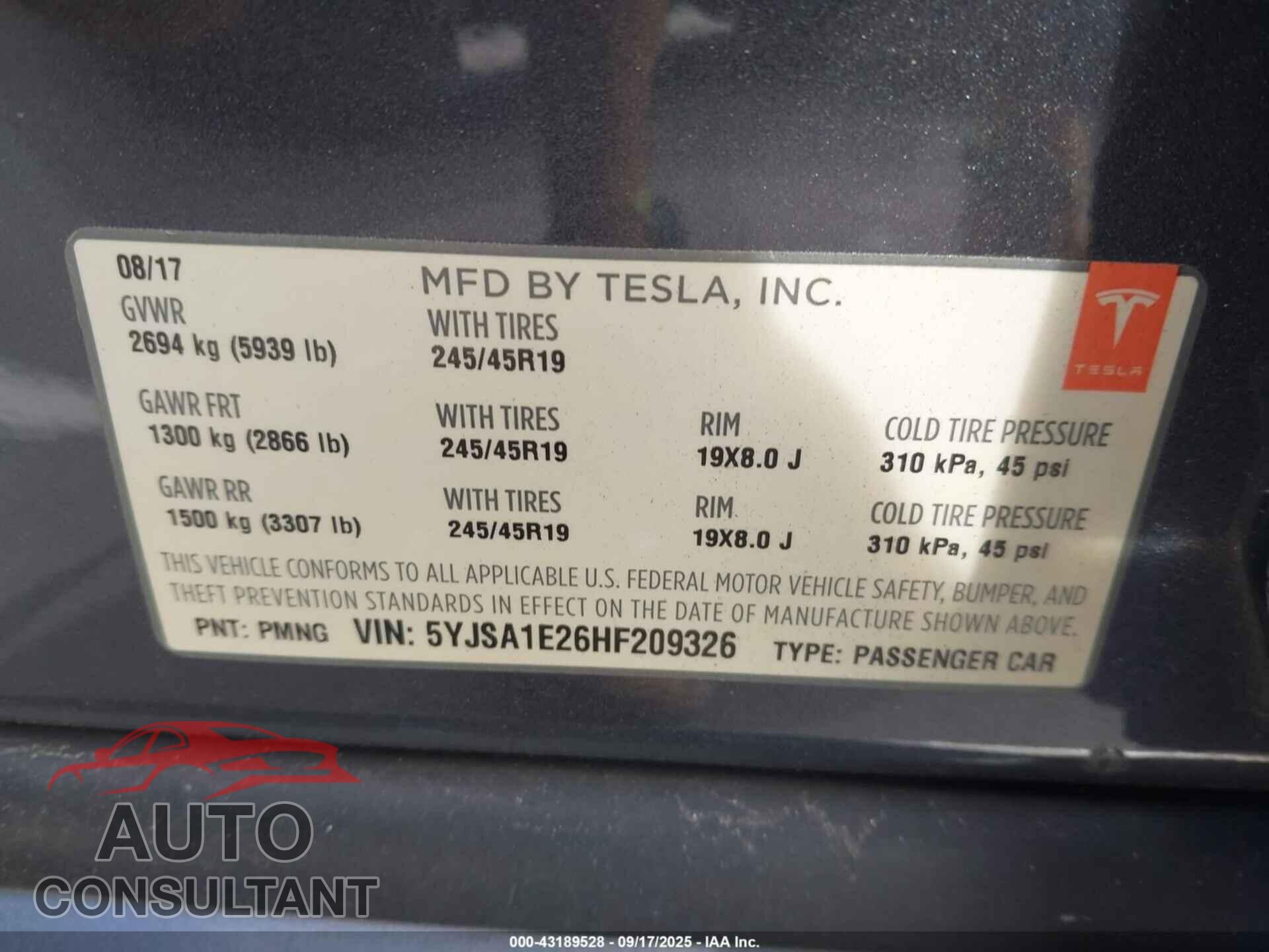 TESLA MODEL S 2017 - 5YJSA1E26HF209326
