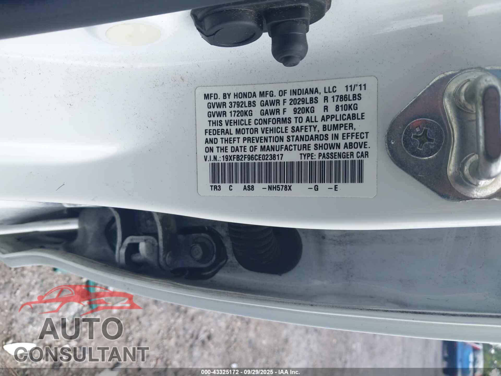 HONDA CIVIC 2012 - 19XFB2F96CE023817